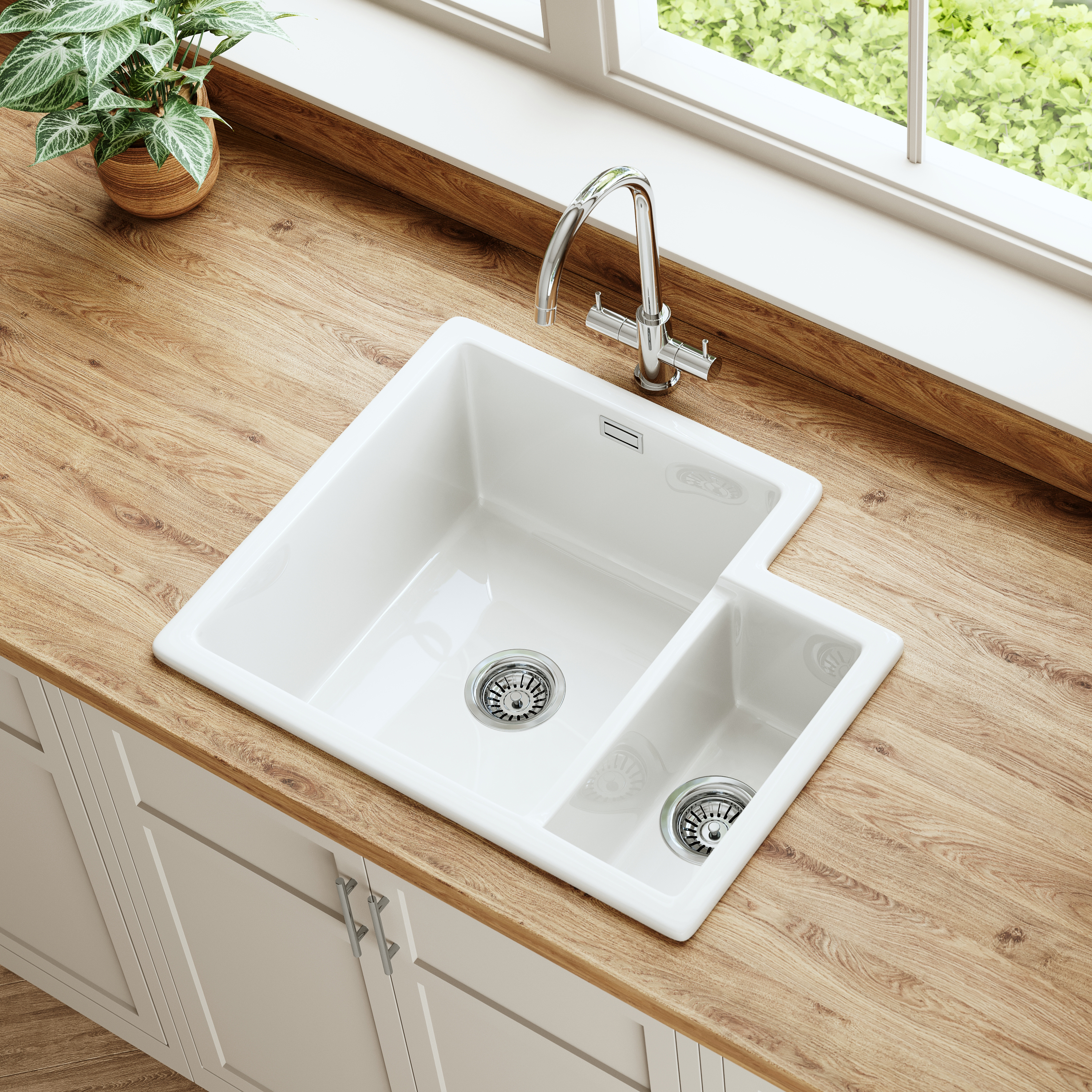 Butler & Rose Bryn 1.5 Bowl White Fine Fireclay Ceramic Inset/Undermount Kitchen Sink - 549 x 441mm