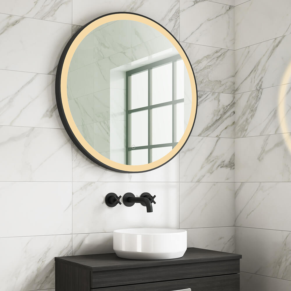 Harbour Status LED Illuminated Black Frame Round Mirror with Demister Pad & Colour Change LEDs - 2 Sizes