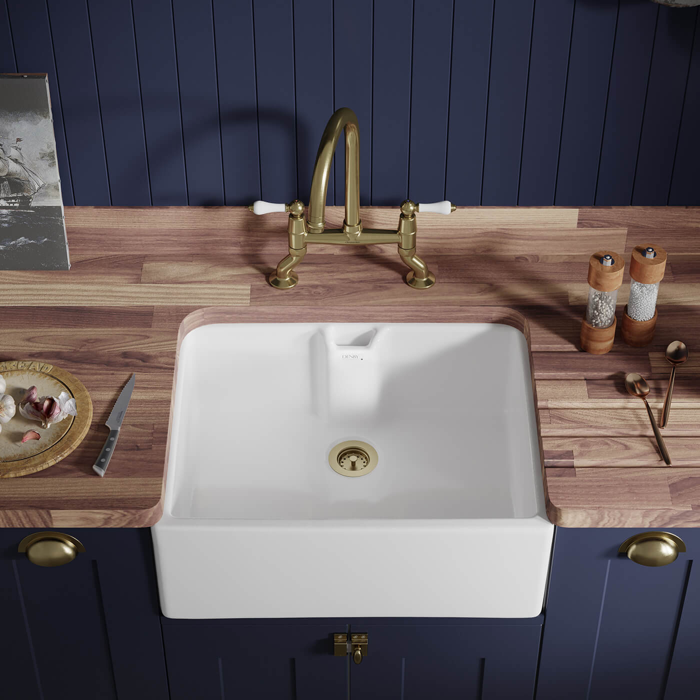 Thomas Denby Norfolk Belfast 1 Bowl Gloss White Ceramic Kitchen Sink - 595 x 460mm