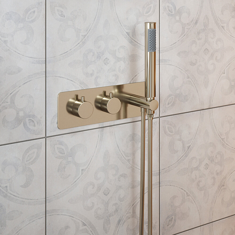 The Tap Factory Vibrance Brushed Nickel WRAS Approved Concealed Thermostatic Shower Valve with Fixed Shower Head and Shower Handset