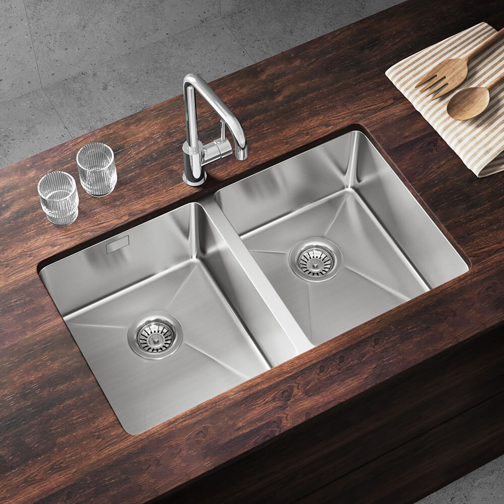 Vellamo Designer Double Bowl Inset/Undermount Stainless Steel Kitchen Sink & Waste Kit - 750 x 440mm