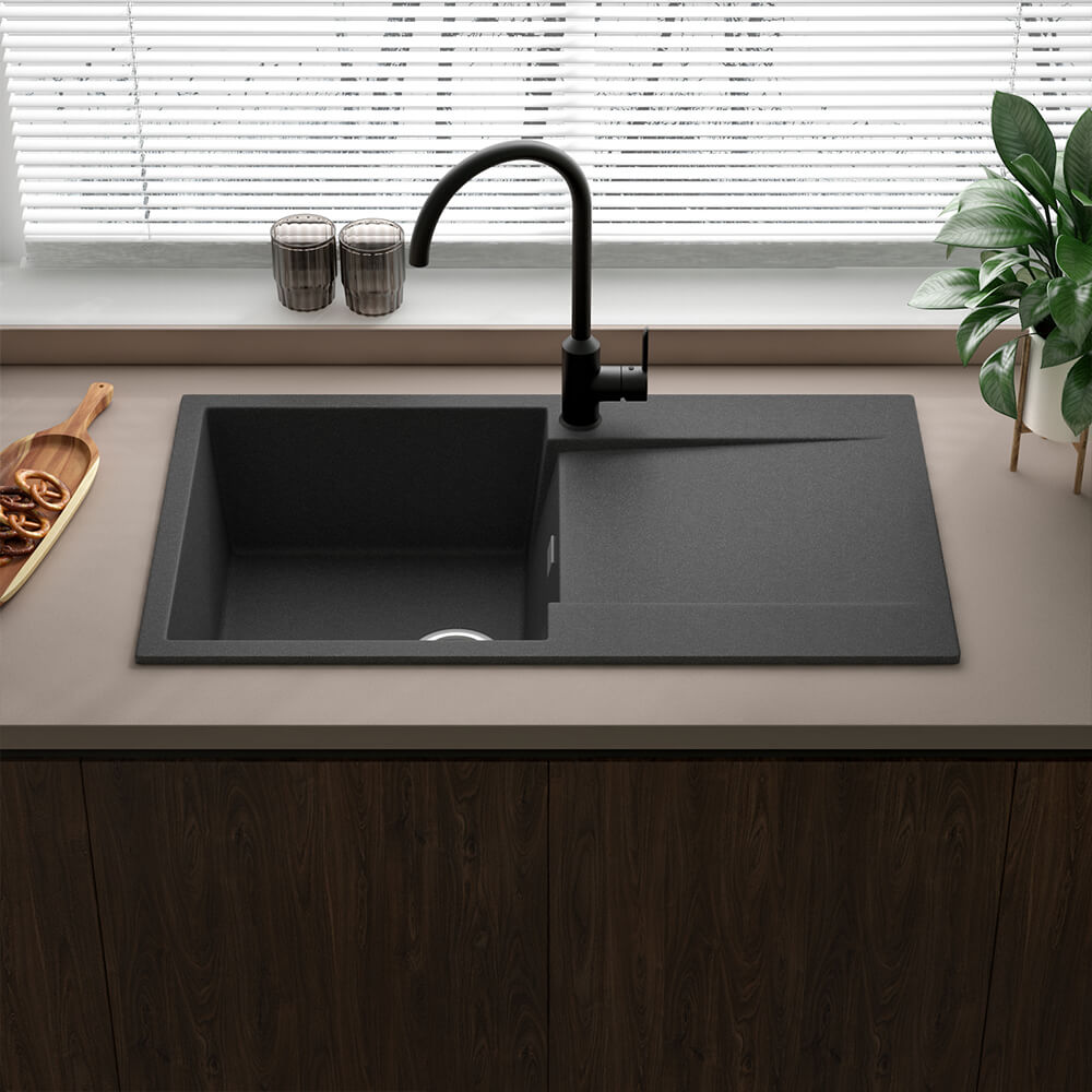 Reginox Amsterdam Compact Single Bowl Granite Composite Kitchen sink & Waste Kit with Reversible Drainer - 860 x 500mm
