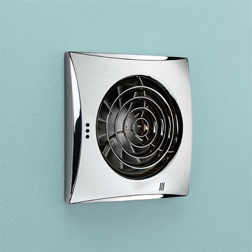 hib. Hush Chrome Wall or Ceiling Mounted Slimline Low Profile Fan with Timer & Humidity Sensor