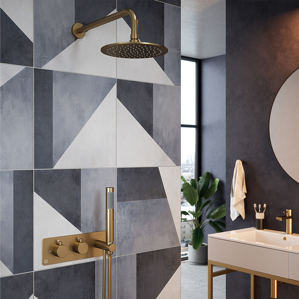 The Tap Factory Vibrance Brushed Brass WRAS Approved Concealed Thermostatic Shower Valve with Fixed Shower Head and Shower Handset