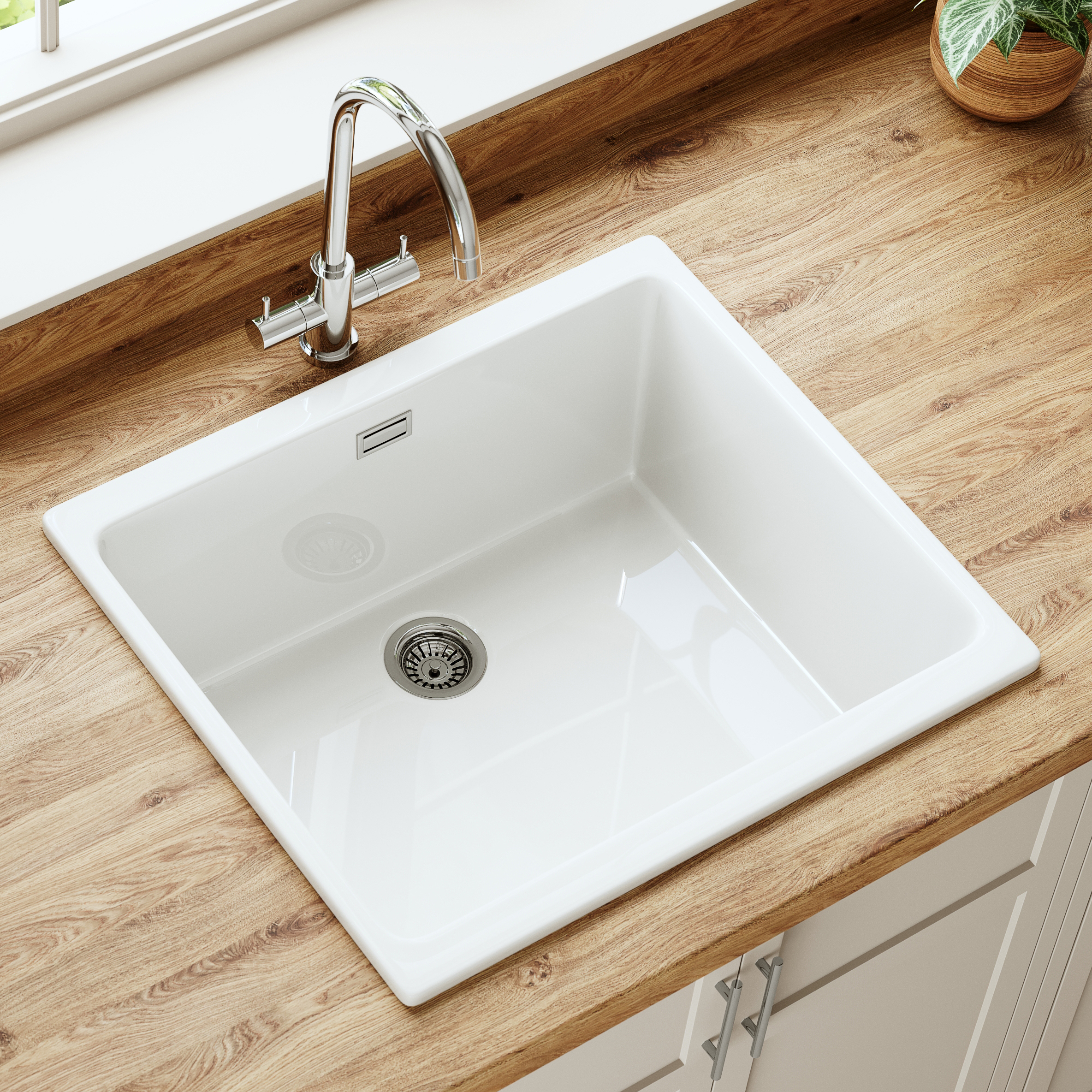 Butler & Rose Bryn Large 1 Bowl White Fine Fireclay Ceramic Inset/Undermount Kitchen Sink - 526mm x 460mm