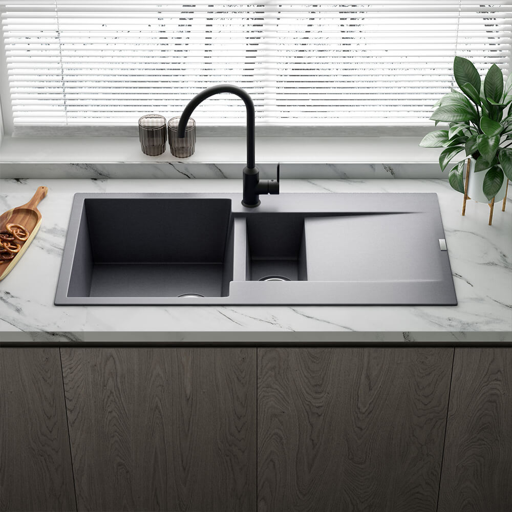 Reginox Amsterdam 1.5 Bowl Granite Composite Kitchen Sink & Waste Kit with Reversible Drainer - 1000 x 500mm