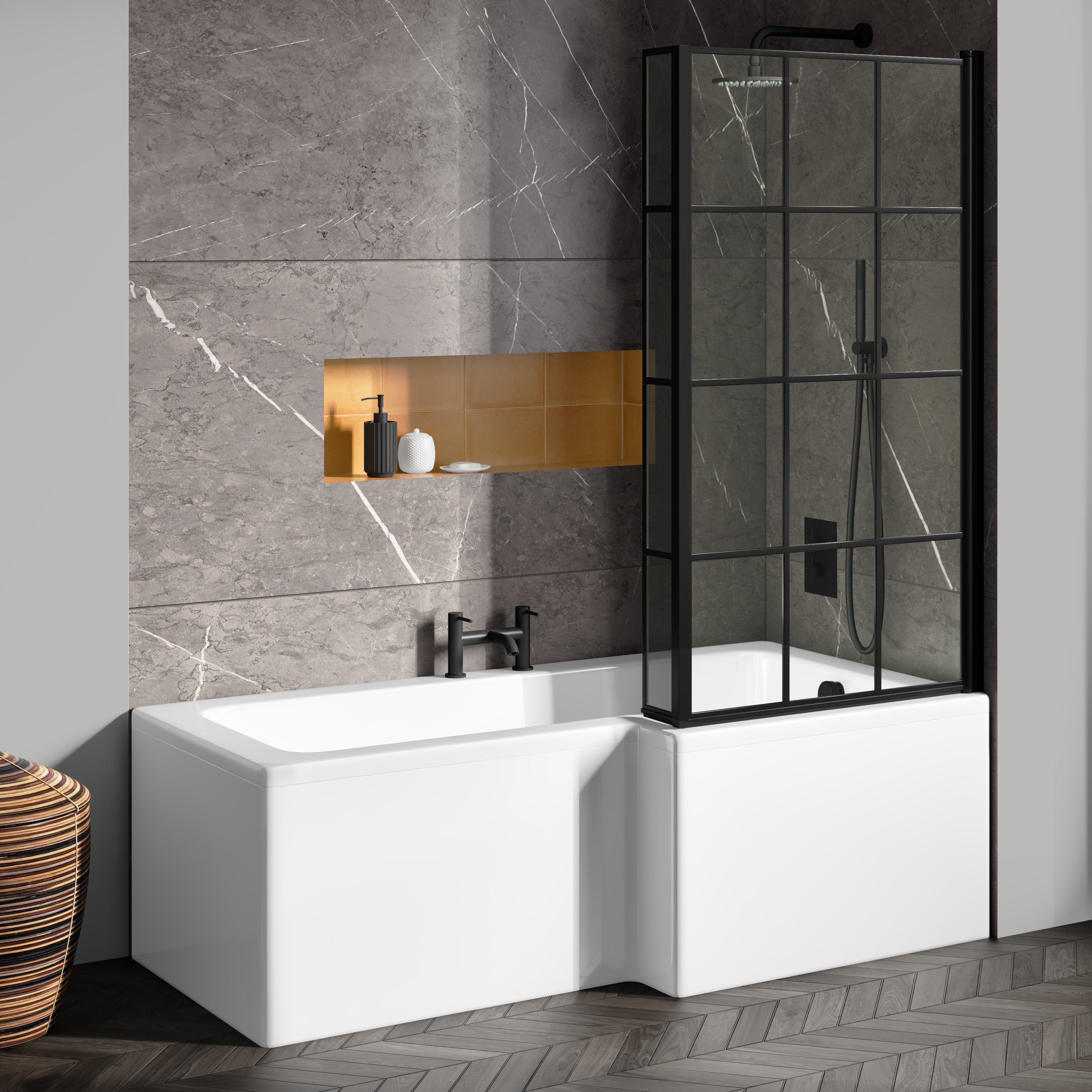 Vellamo City 6mm Matt Black Framed Hinged Bath Screen With Fixed Return - 1430 x 780mm