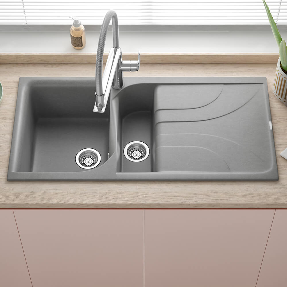 Reginox Ego Titanium Grey Granite Composite 1.5 Bowl Kitchen Sink & Vellamo FlexiSpray Mixer Tap