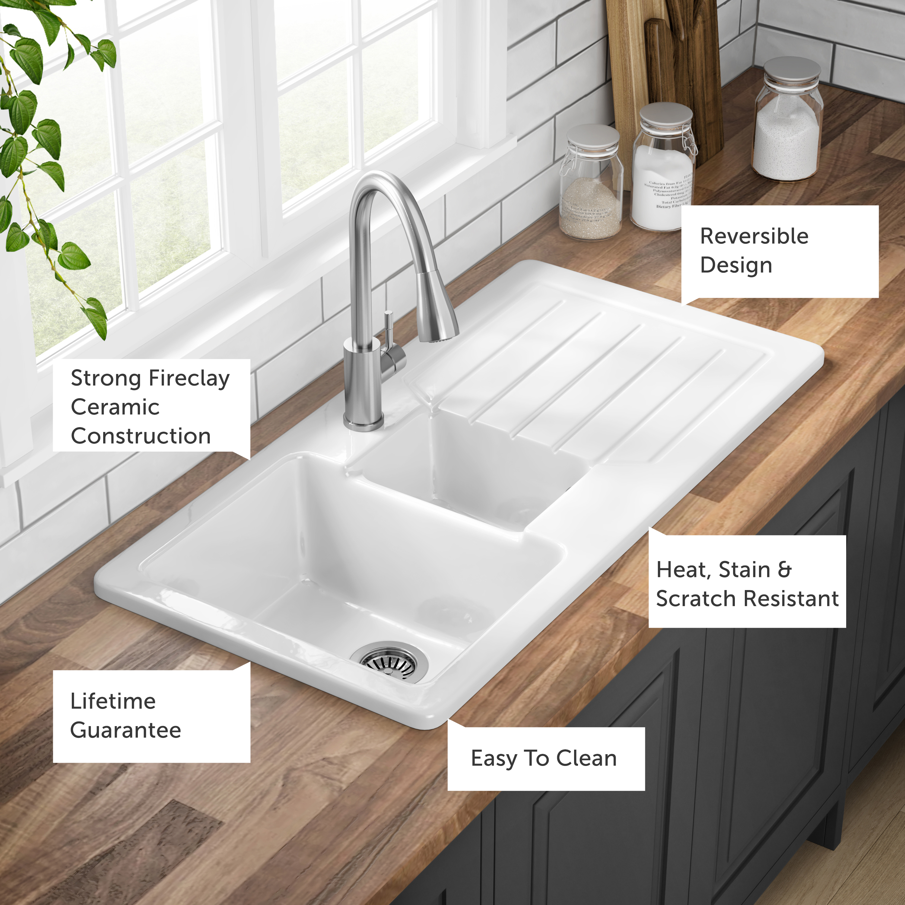 Butler & Rose Farmhouse 1.5 Bowl White Ceramic Kitchen Sink with Reversible Drainer - 1000mm x 500mm
