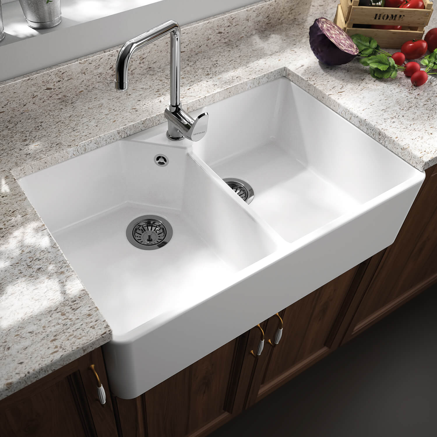 Thomas Denby Vintage Belfast 2 Bowl Gloss White Ceramic Kitchen Sink - 794 x 490mm