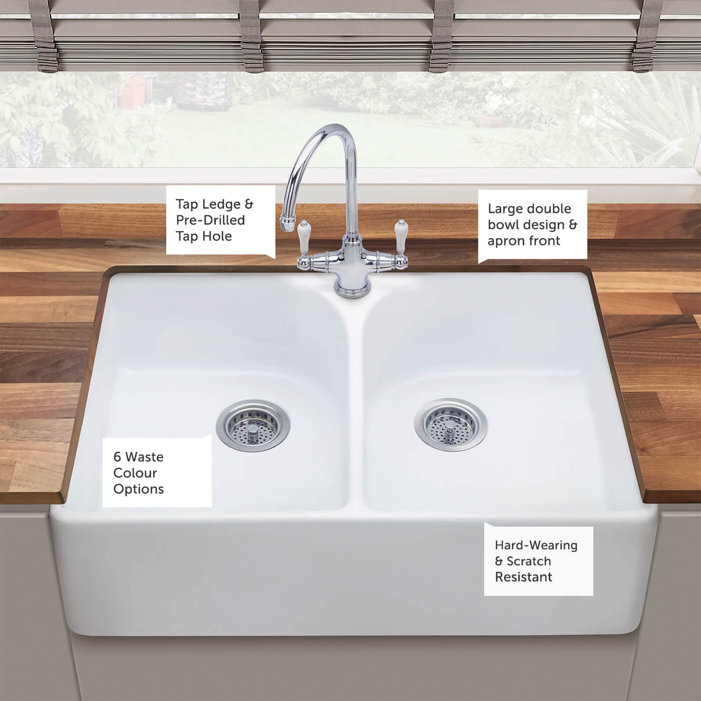 Thomas Denby Heritage Double Belfast Large 2 Bowl White Ceramic Kitchen Sink - 795 x 500mm
