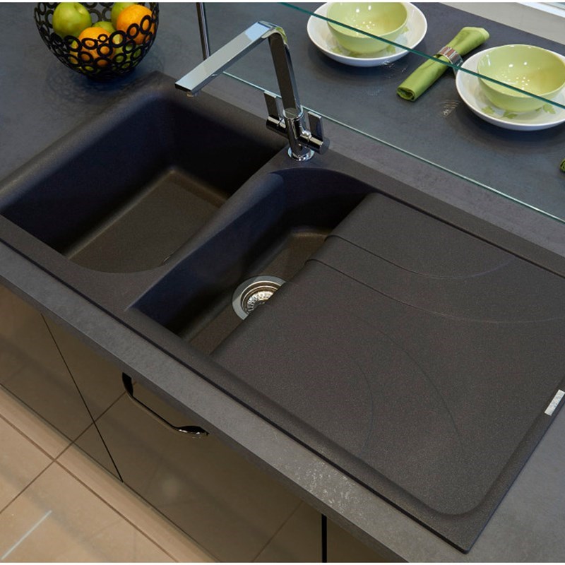 Reginox Ego Black Spek Granite 1.5 Bowl Kitchen Sink & Vellamo Caspian Dual Lever Mono Kitchen Mixer