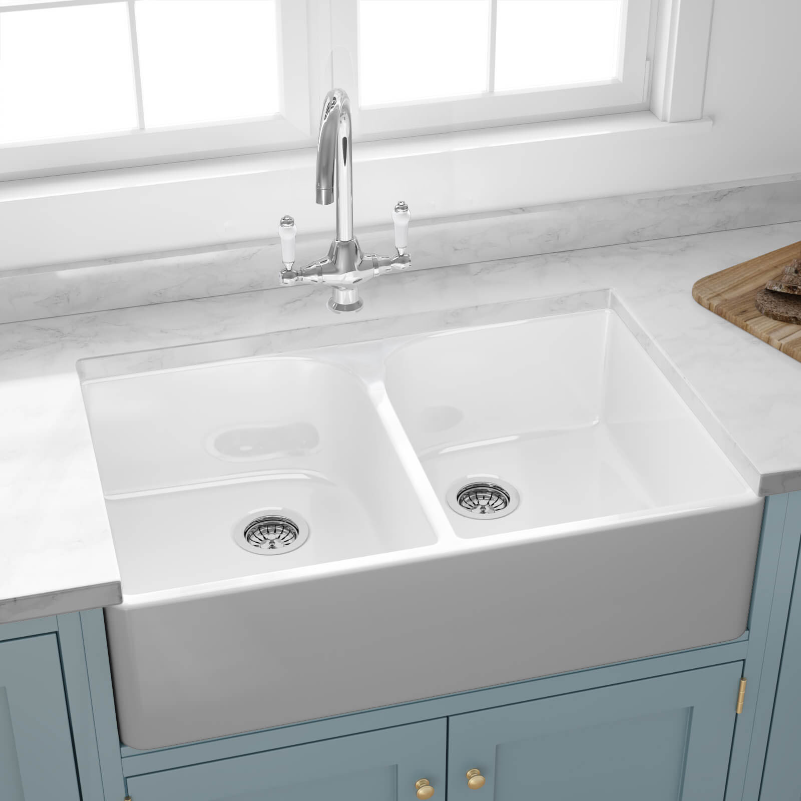 Butler & Rose Fireclay Ceramic White Double Belfast Kitchen Sink, Tap & Waste