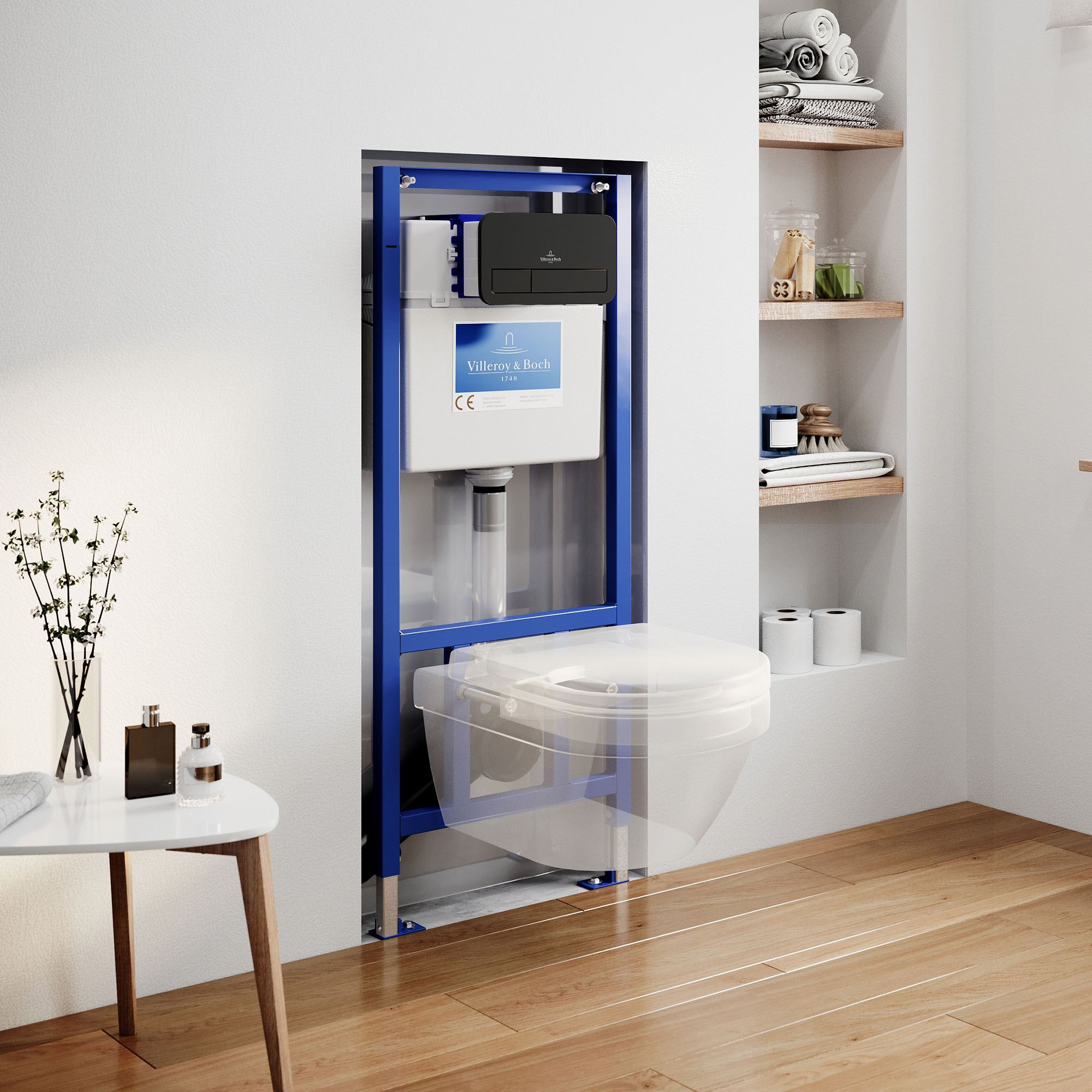 Villeroy & Boch ViConnect Pro 2.0 Frame with Architectura Round Rimless Wall Mounted Toilet, Flush Plate & Soft Close Toilet Seat