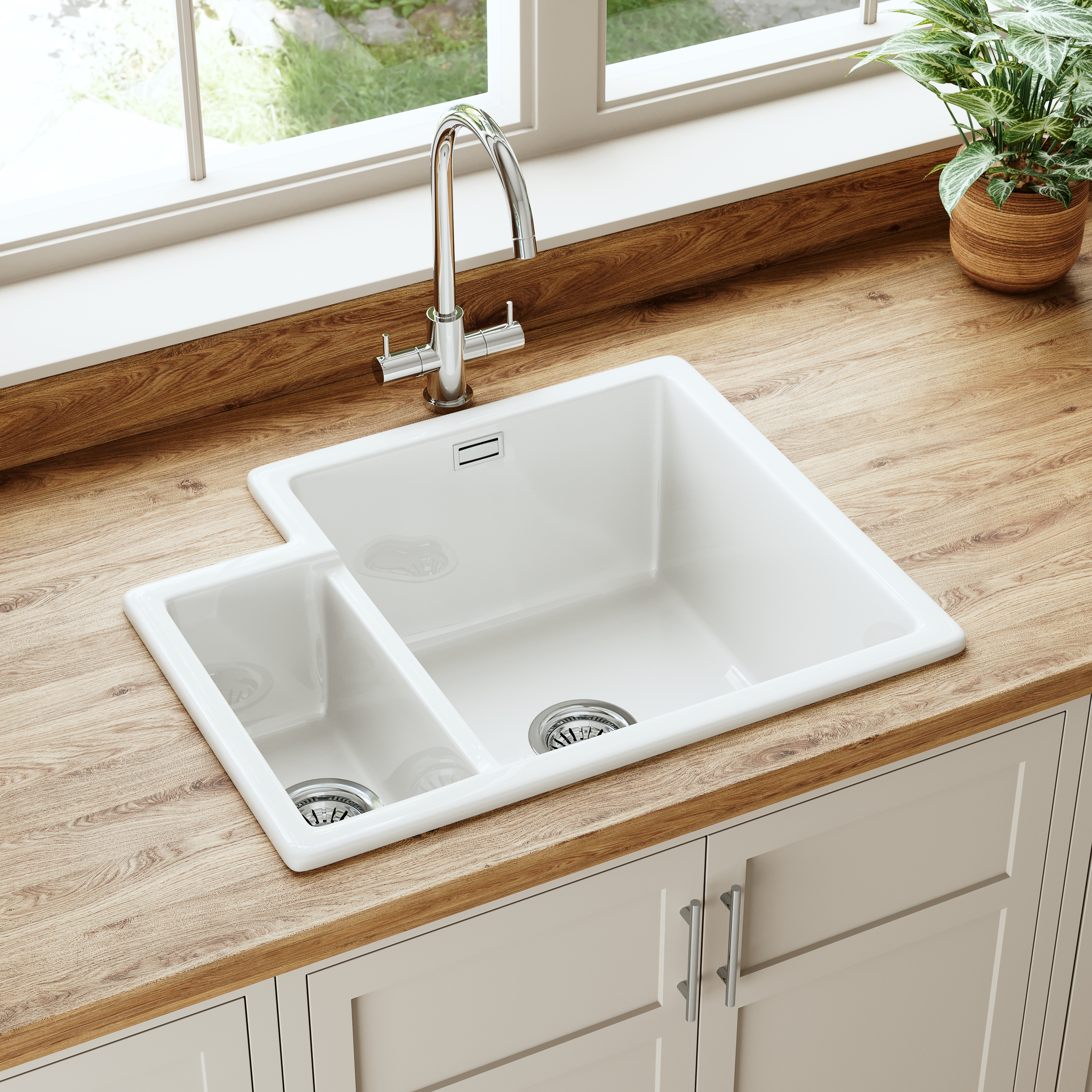 Butler & Rose Bryn 1.5 Bowl White Fine Fireclay Ceramic Inset/Undermount Kitchen Sink - 549 x 441mm