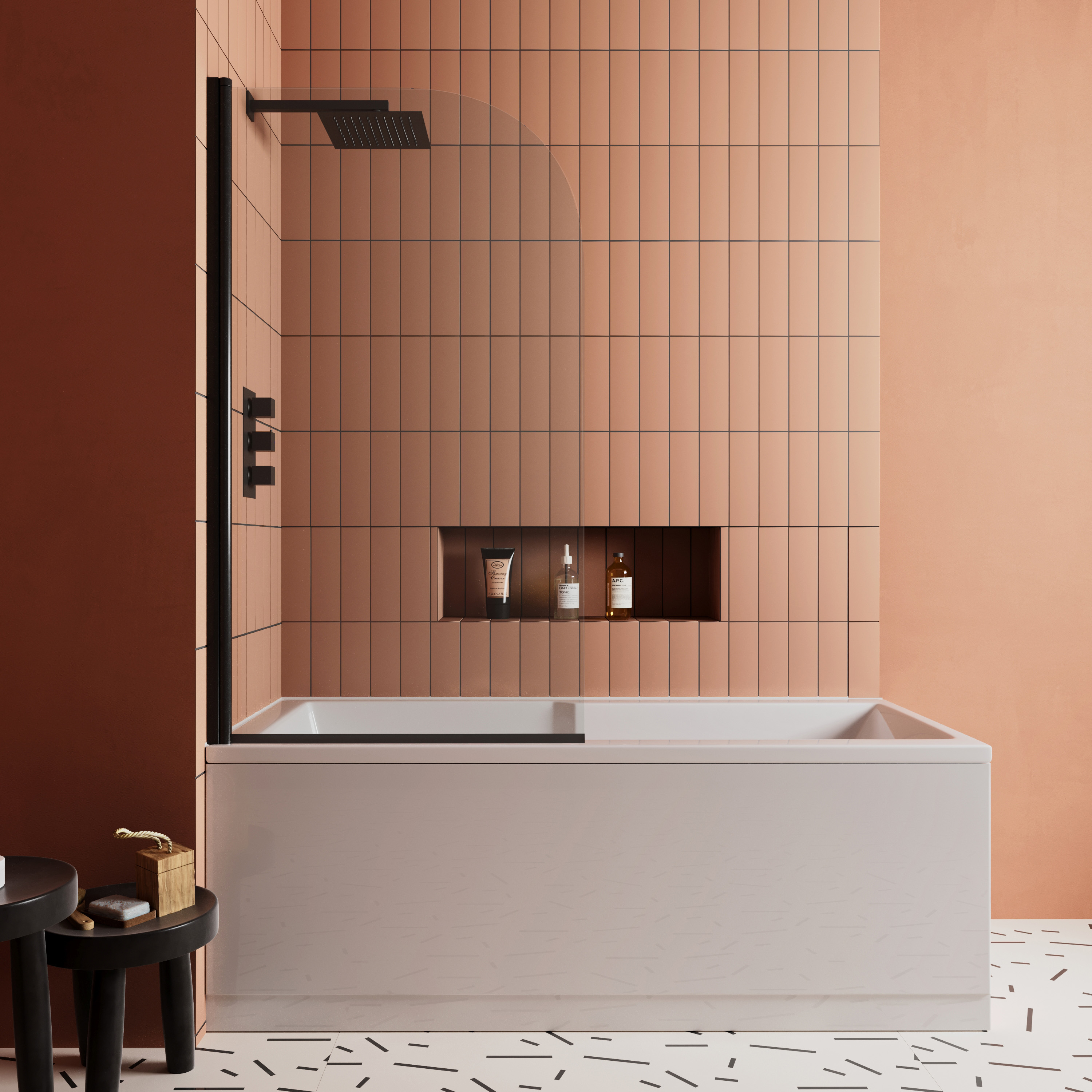 Vellamo City 6mm Matt Black Curved Corner Hinged Bath Screen - 1430 x 770mm