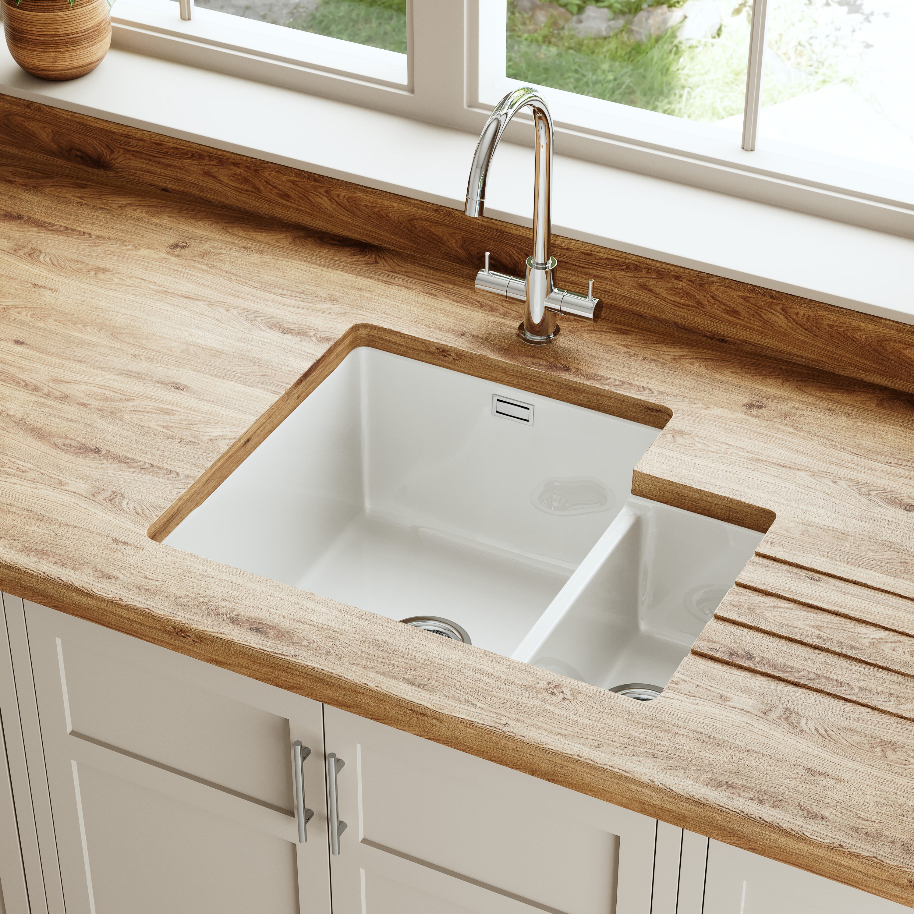 Butler & Rose Bryn 1.5 Bowl White Fine Fireclay Ceramic Inset/Undermount Kitchen Sink - 549 x 441mm