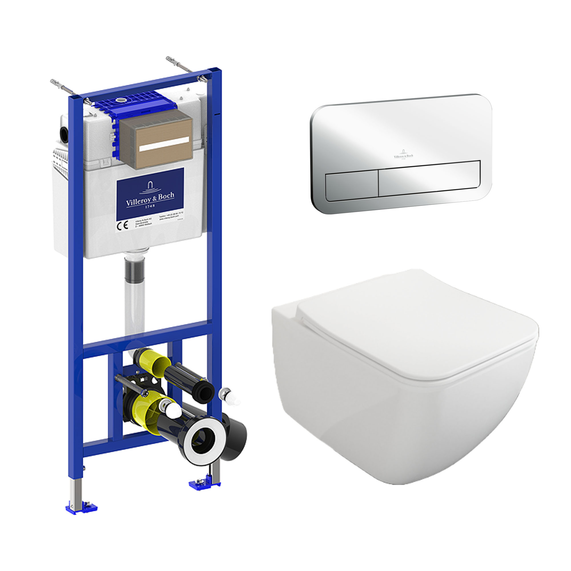 Villeroy & Boch ViConnect Pro 2.0 Frame with Venticello Rimless Wall Mounted Toilet, Flush Plate & Soft Close Toilet Seat