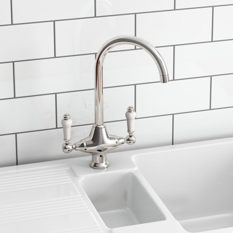 Butler & Rose Dream 1.5 Bowl White Ceramic Fireclay Kitchen Sink & Victoria Traditional Kitchen Mixer Tap