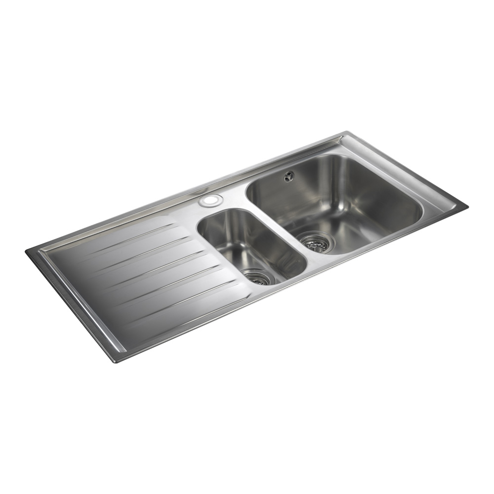 Rangemaster Manhattan 1.5 Bowl Brushed Stainless Steel Sink & Waste Kit with Left Hand Drainer - 1010 x 515mm