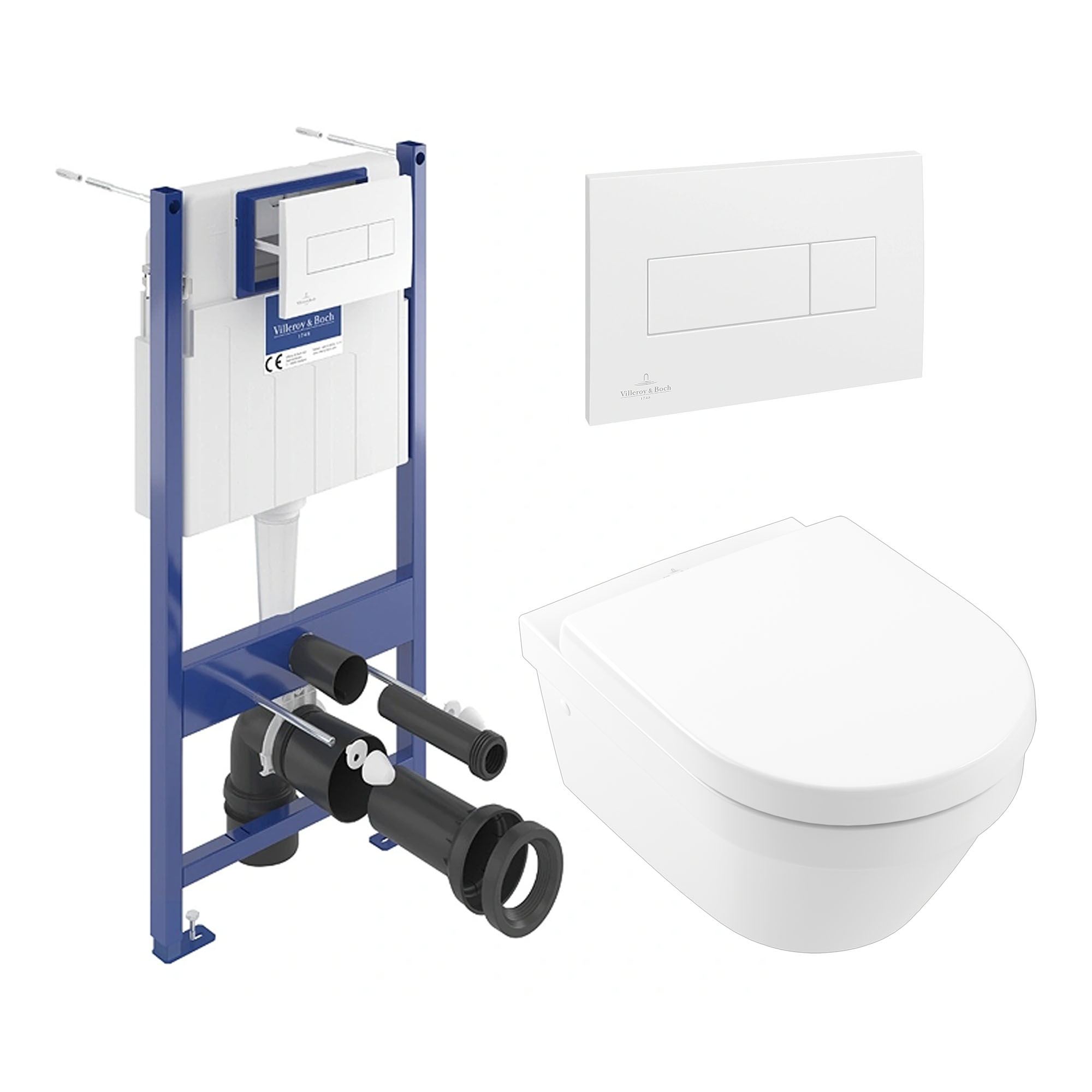 Villeroy & Boch ViConnect Pro S Frame with Architectura Round Rimless Wall Mounted Toilet, Flush Plate & Soft Close Toilet Seat