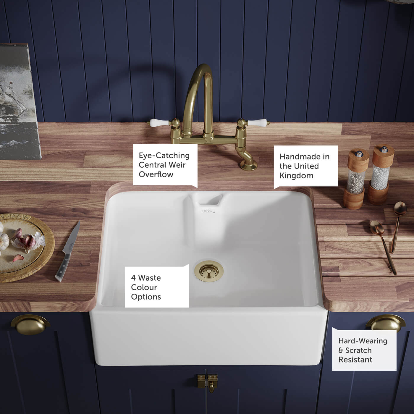 Thomas Denby Norfolk Belfast 1 Bowl Gloss White Ceramic Kitchen Sink - 595 x 460mm