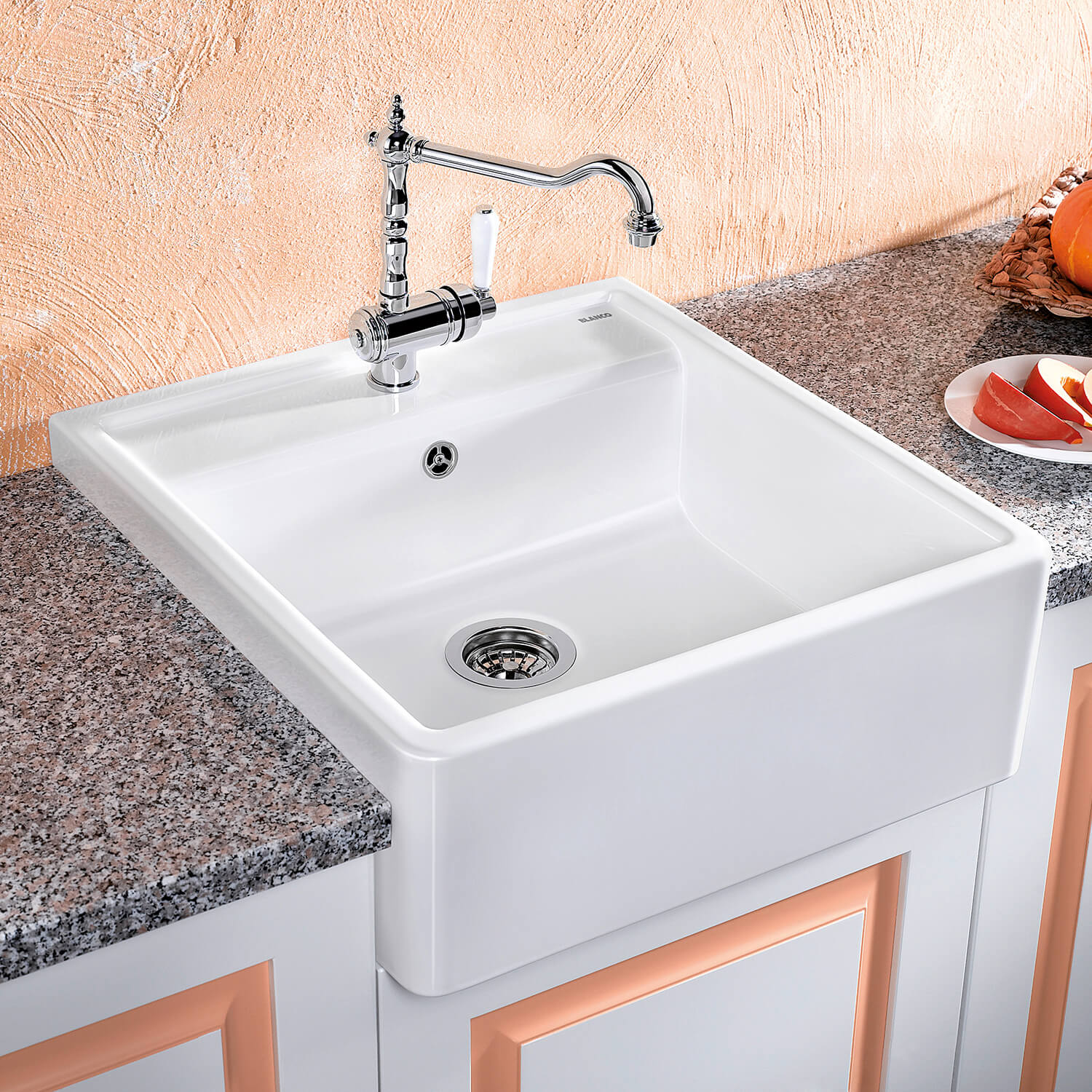 Blanco Panor 1 Bowl Crystal Gloss White Wall Mounted Belfast Ceramic Kitchen Sink & Waste with Tap Ledge - 600 x 630mm