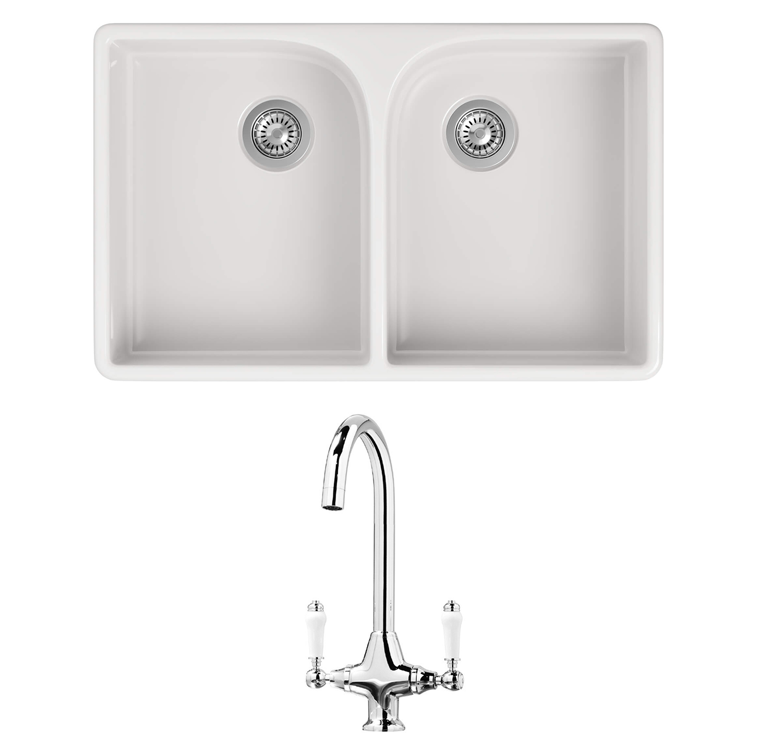 Butler & Rose Fireclay Ceramic White Double Belfast Kitchen Sink, Tap & Waste