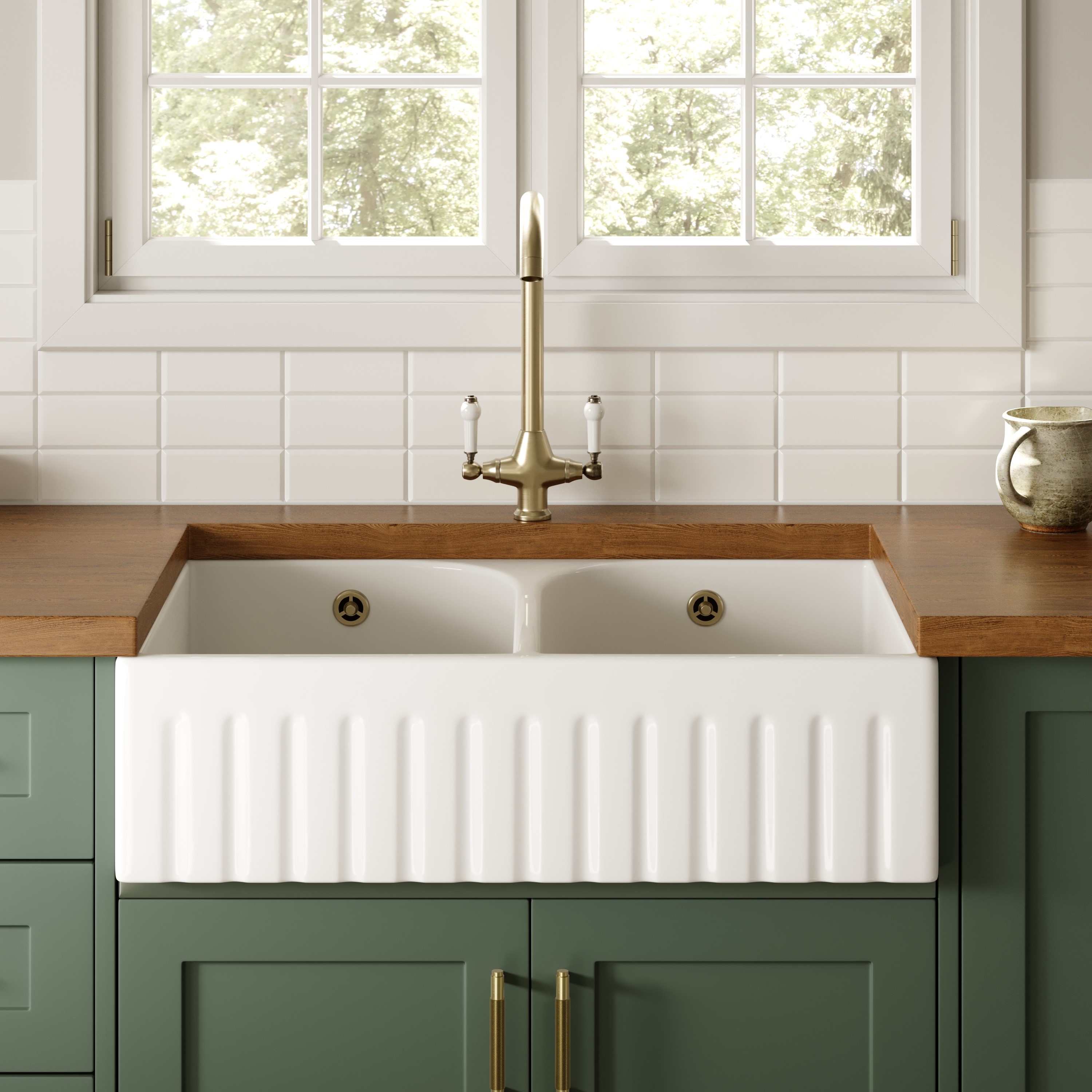 Butler & Rose Fluted Ceramic Fireclay Double Belfast / Butler Kitchen Sink - 795 x 500mm