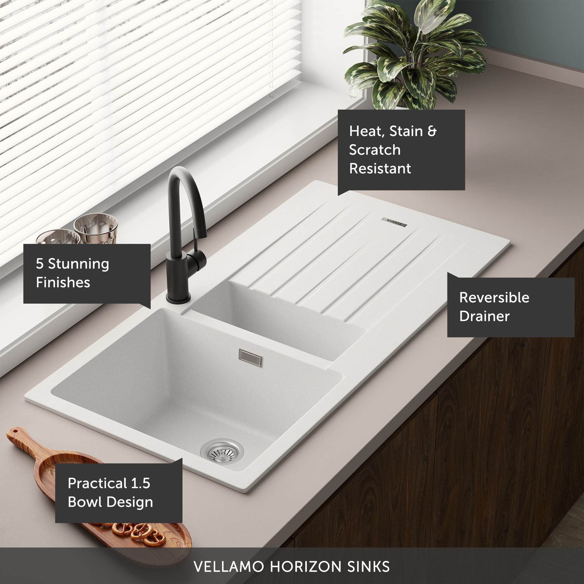 Vellamo Horizon 1.5 Bowl Granite Composite Kitchen Sink & Waste - 1000 x 500mm