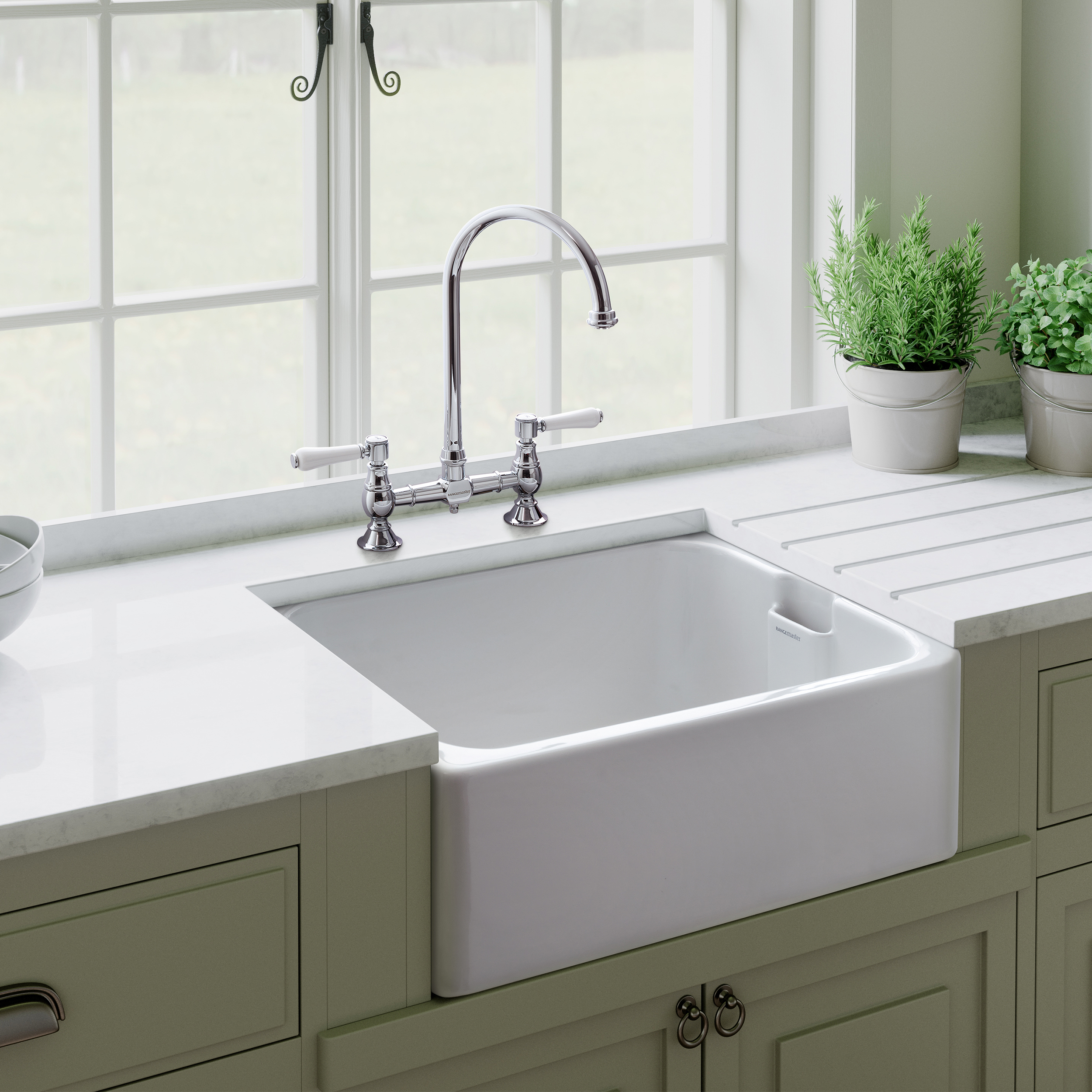 Rangemaster Farmhouse White Ceramic Belfast Sink & Waste Kit - 595 x 455mm