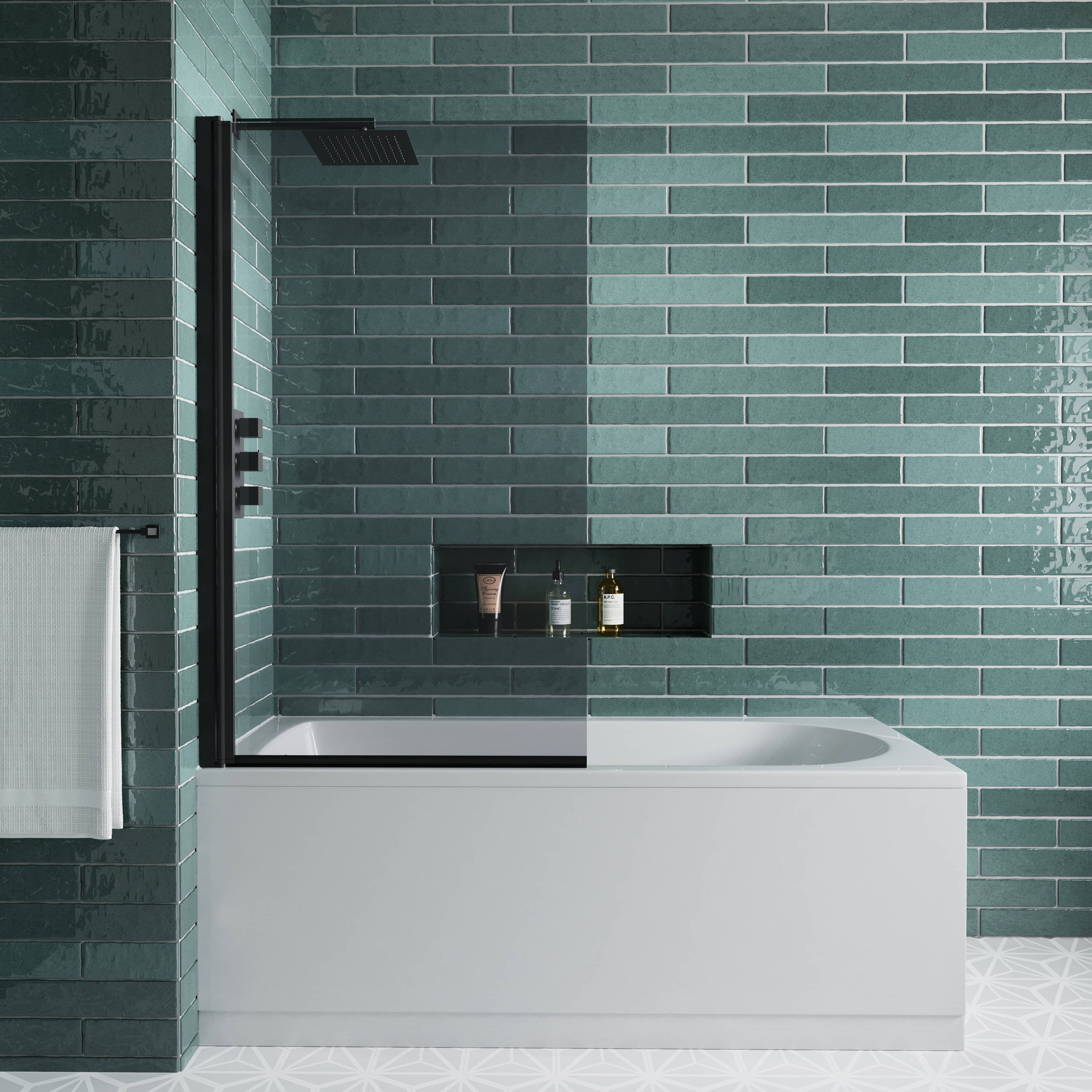 Vellamo City Matt Black 6mm Smoked Black Glass Hinged Bath Screen - 1400 x 800mm