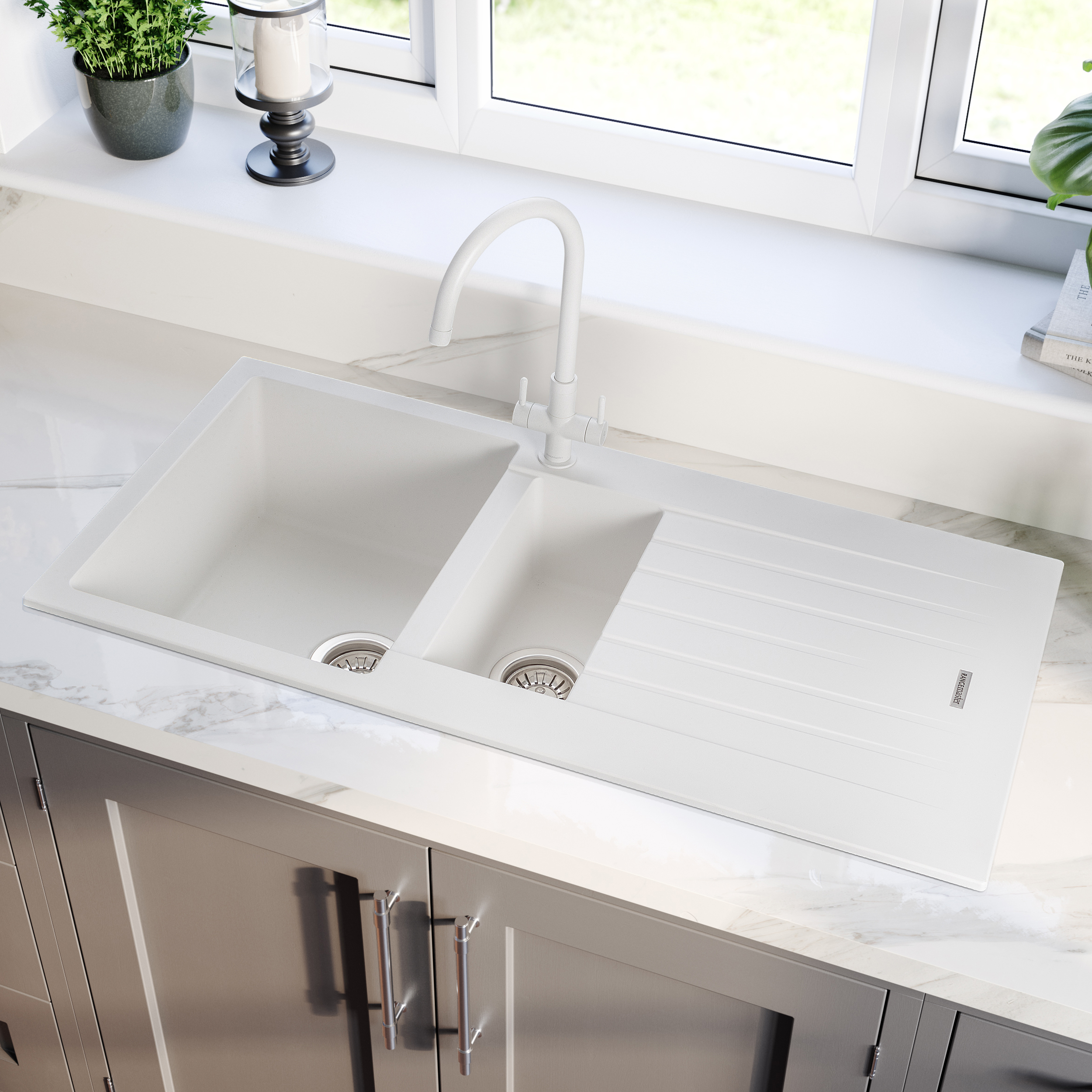 Rangemaster Andesite 1.5 Bowl Granite Crystal White Sink & Waste Kit with Reversible Drainer - 1000 x 500mm