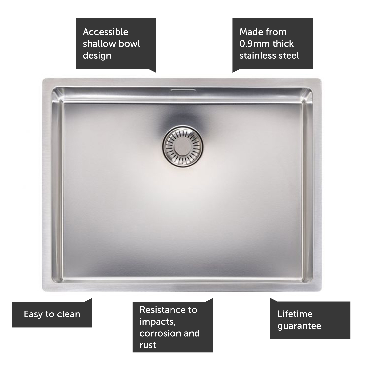 Reginox New Jersey Accessible Shallow Single Bowl Stainless Steel Inset / Undermount Kitchen Sink & Waste Kit - 540 x 410mm