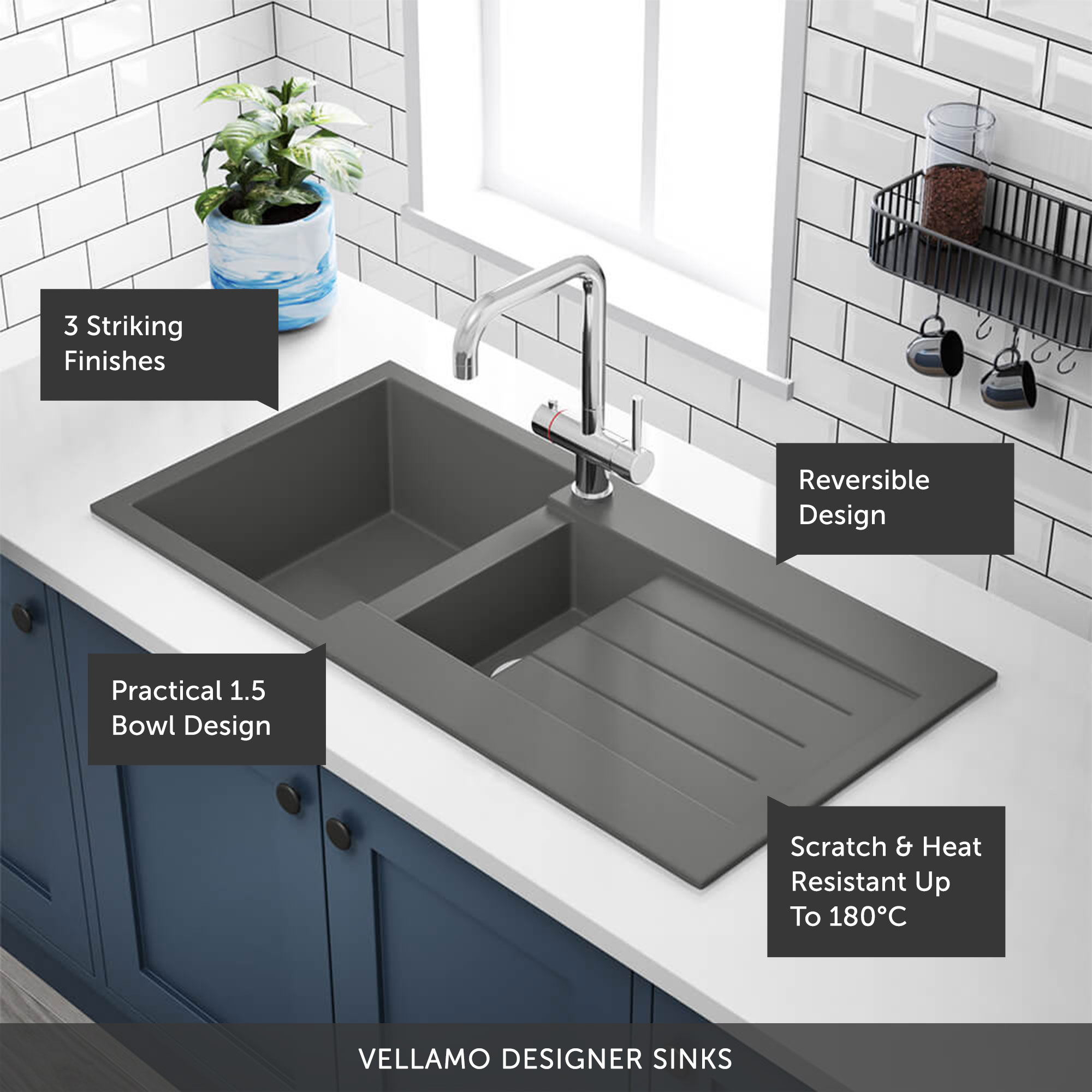 Vellamo Designer 1.5 Bowl Comite Composite Kitchen Sink & Waste with Reversible Drainer - 1000 x 500mm