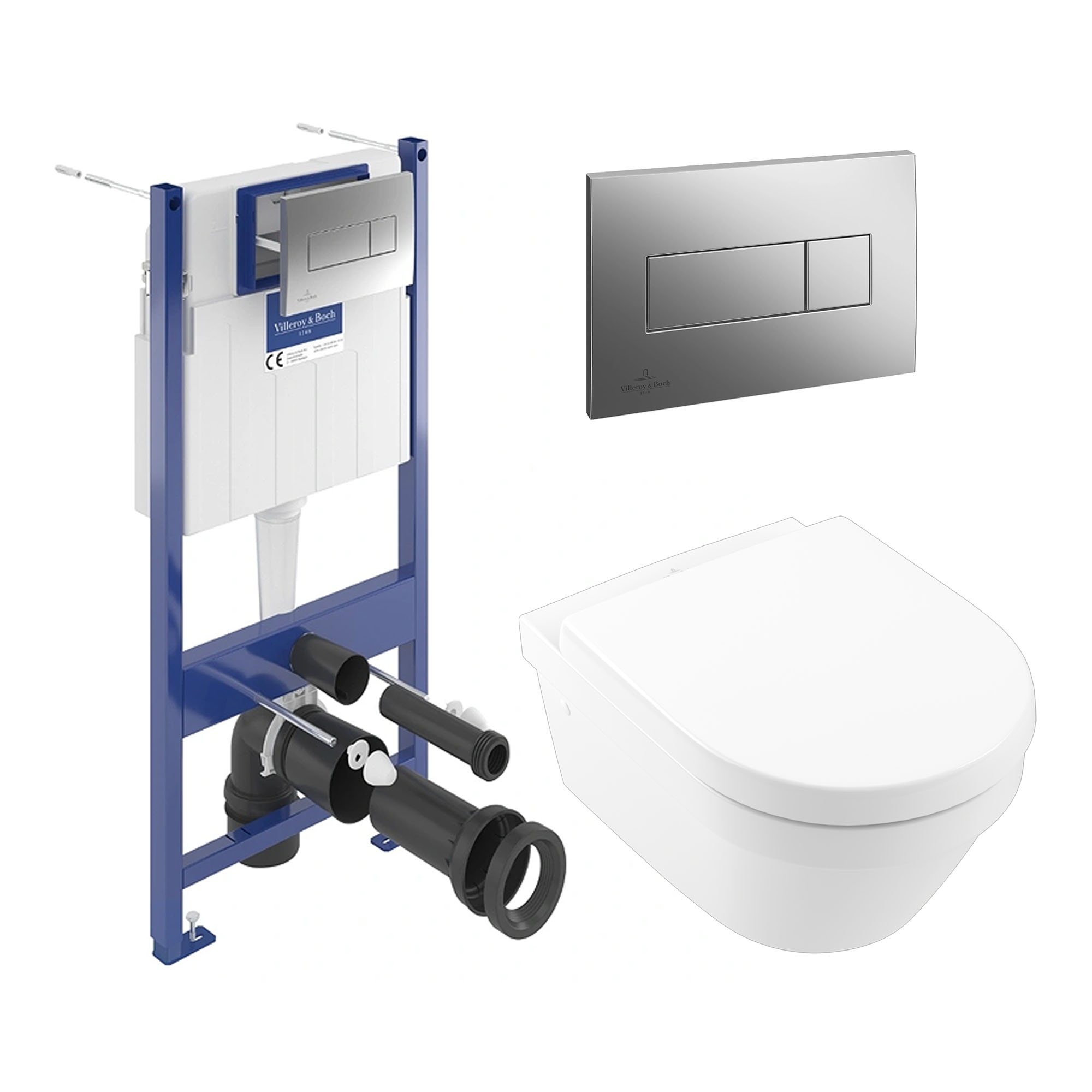 Villeroy & Boch ViConnect Pro S Frame with Architectura Round Rimless Wall Mounted Toilet, Flush Plate & Soft Close Toilet Seat