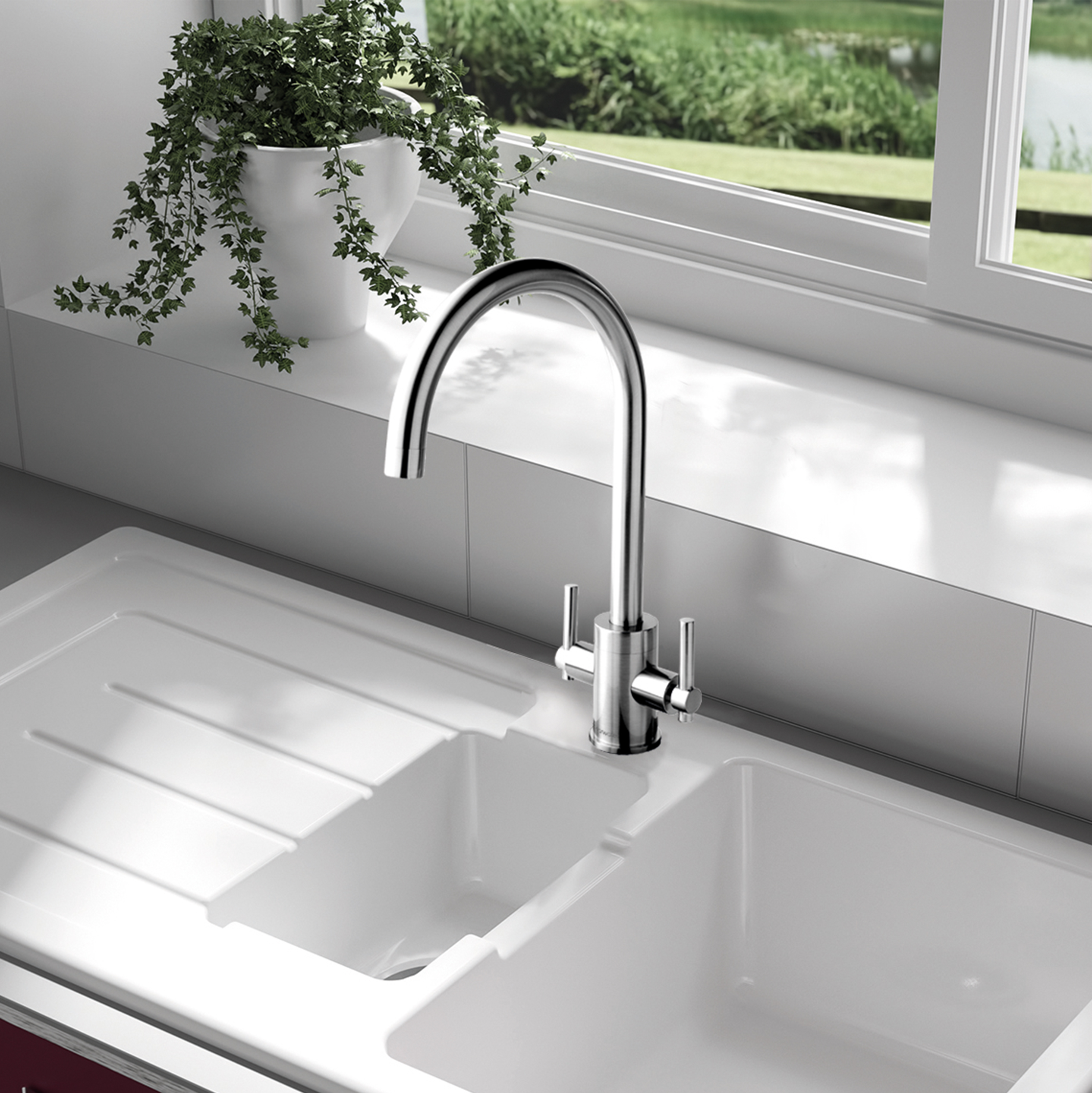 Clearwater Rococo WRAS Approved Twin Lever Mono Kitchen Mixer with Swivel Spout