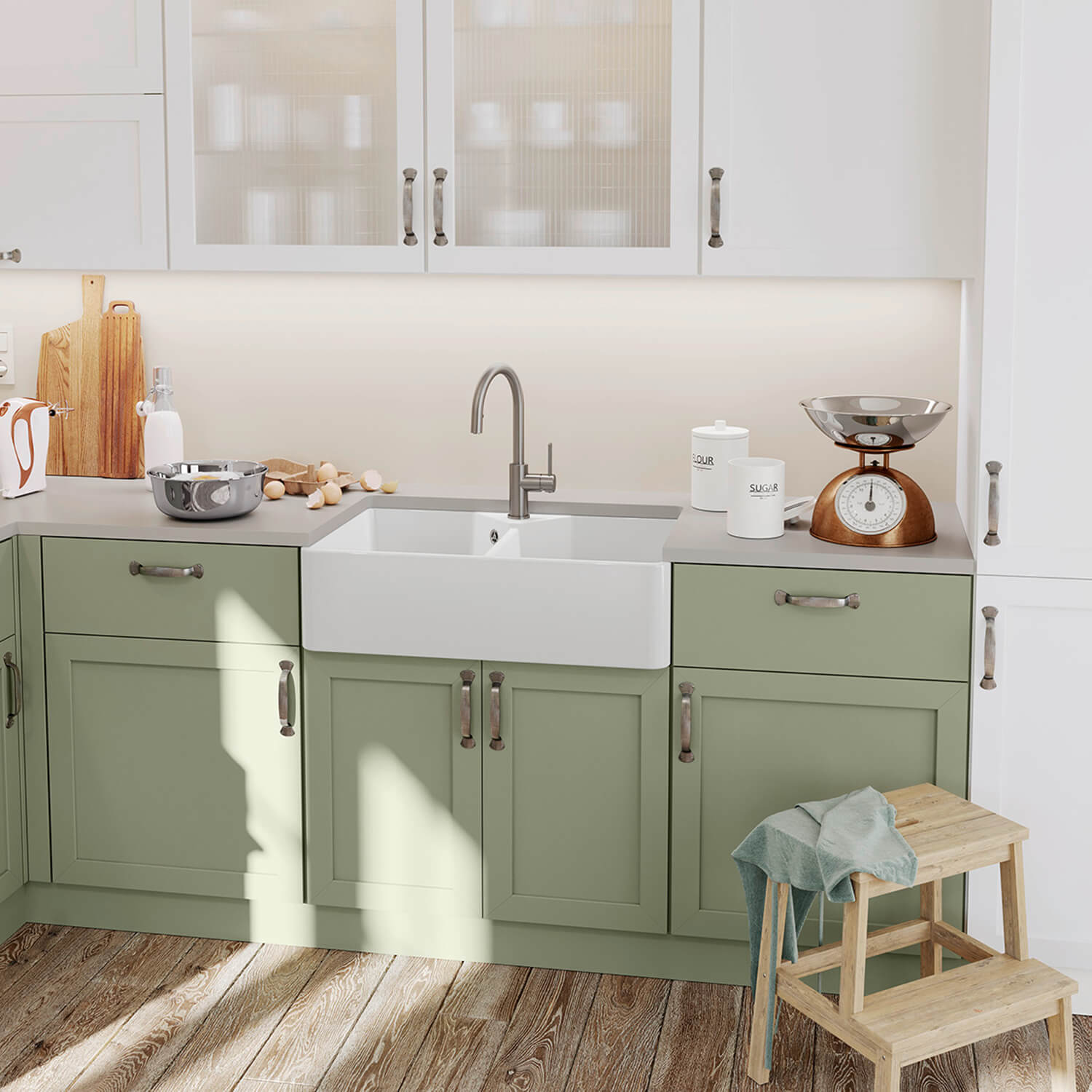 Blanco Villae Belfast Farmhouse Double Bowl Crystal Gloss White Ceramic Kitchen Sink & Waste - 794 x 490mm