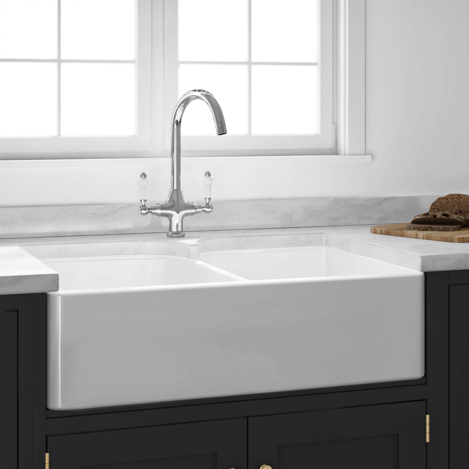 Butler & Rose Fireclay Ceramic White Double Belfast Kitchen Sink, Tap & Waste