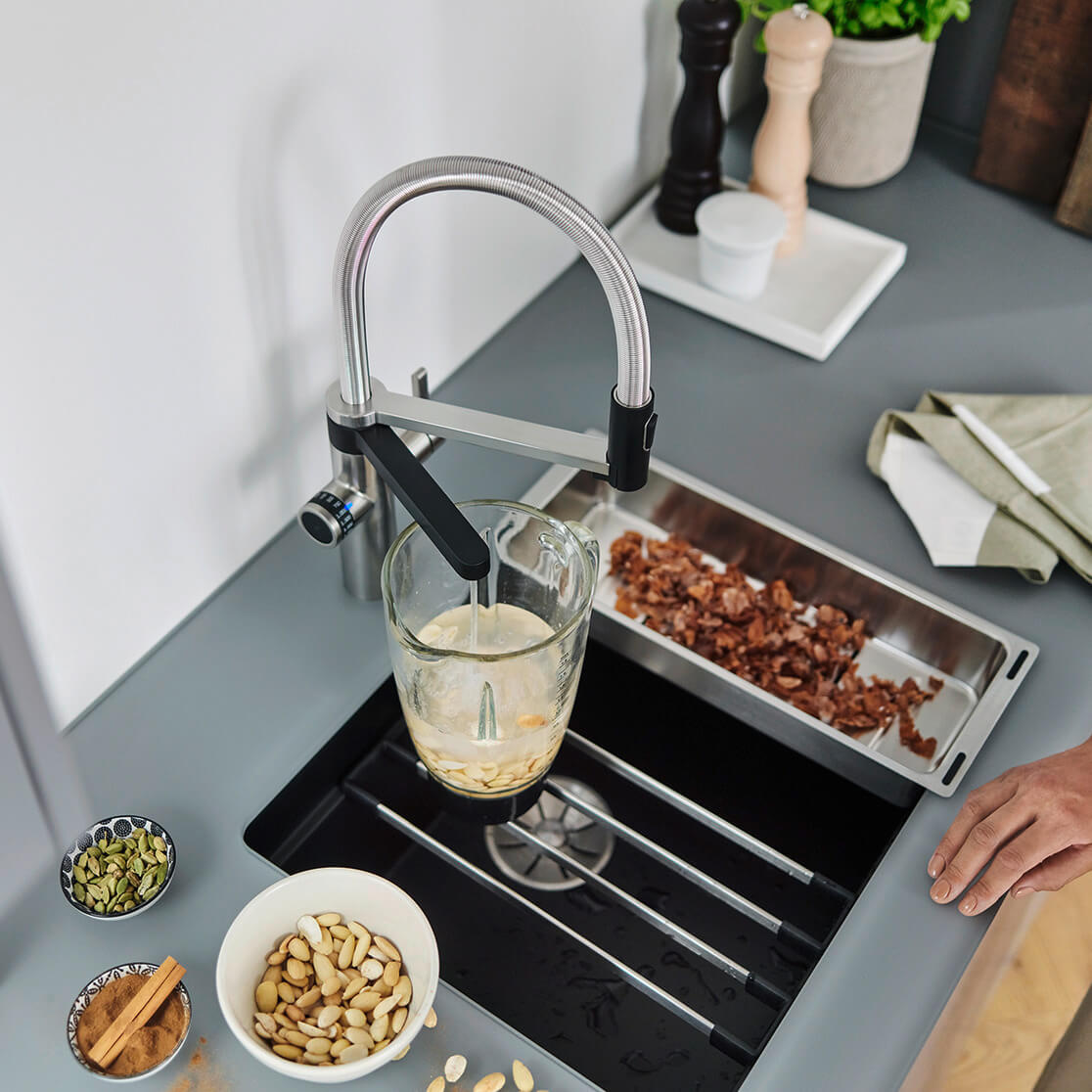 Blanco Evol-S 3-in-1 PVD Steel Smart Measure Filtered Cold Water Mono Kitchen Mixer Tap with Dual Spray