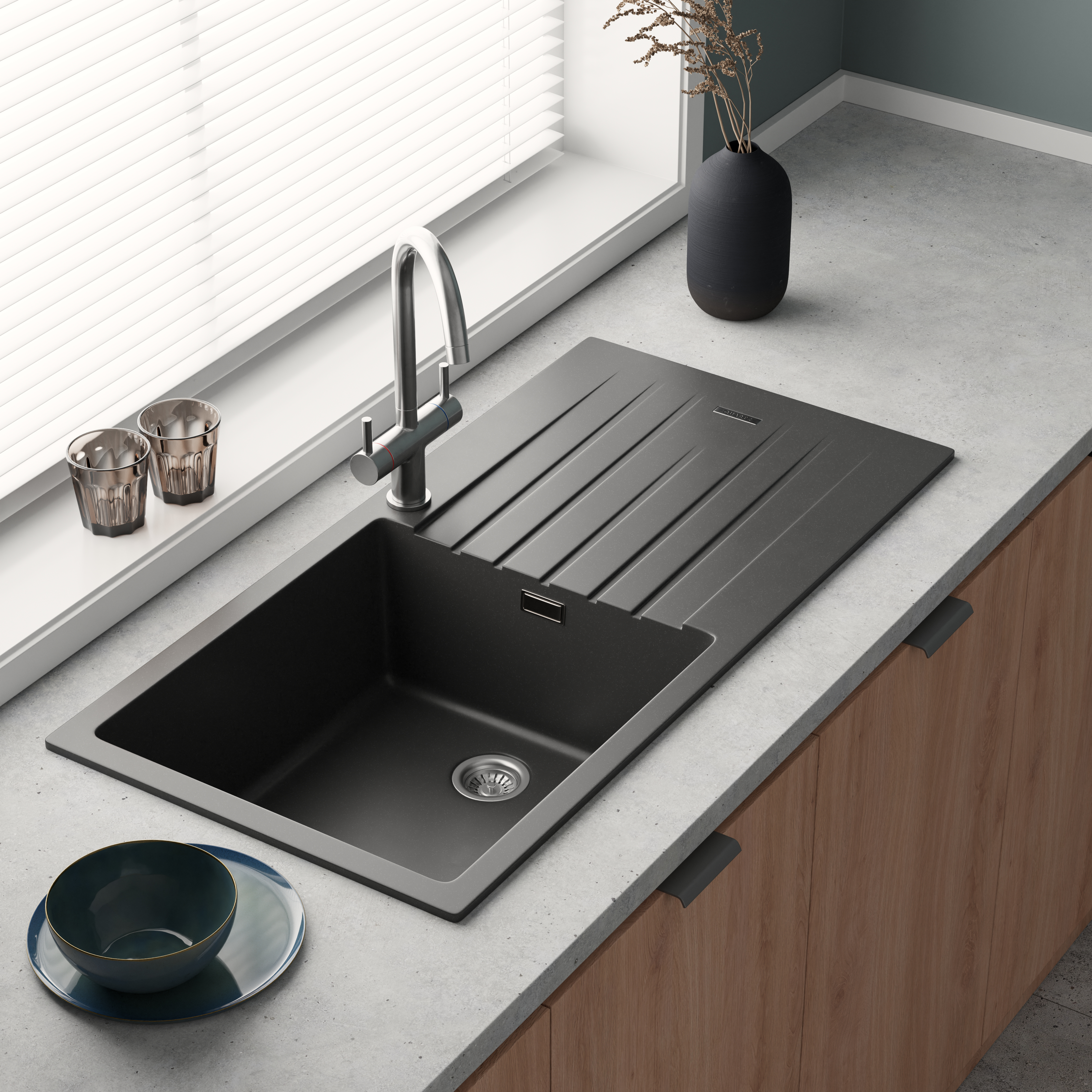Vellamo Horizon Large Single Bowl Granite Composite Kitchen Sink & Waste - 1000 x 500mm