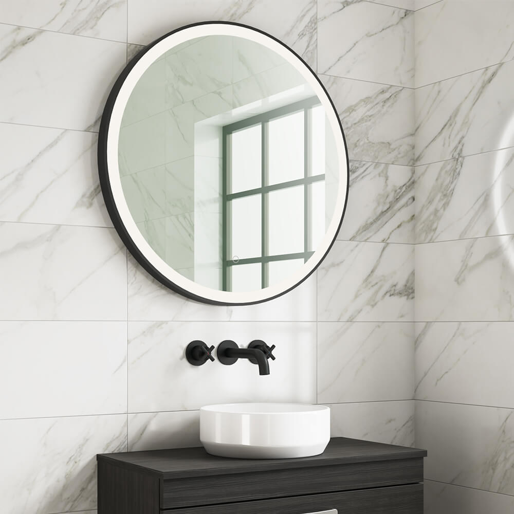 Harbour Status LED Illuminated Black Frame Round Mirror with Demister Pad & Colour Change LEDs - 2 Sizes