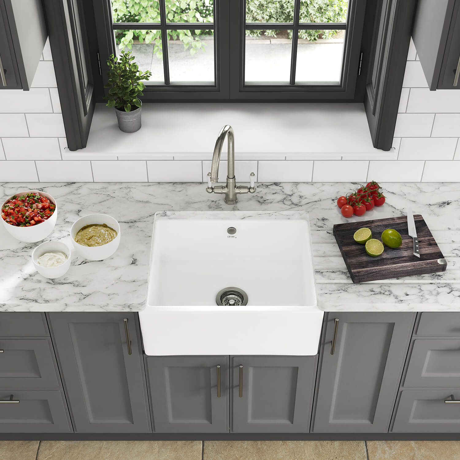 Thomas Denby Oxford Belfast 1 Bowl Gloss White Ceramic Kitchen Sink - 595 x 465mm