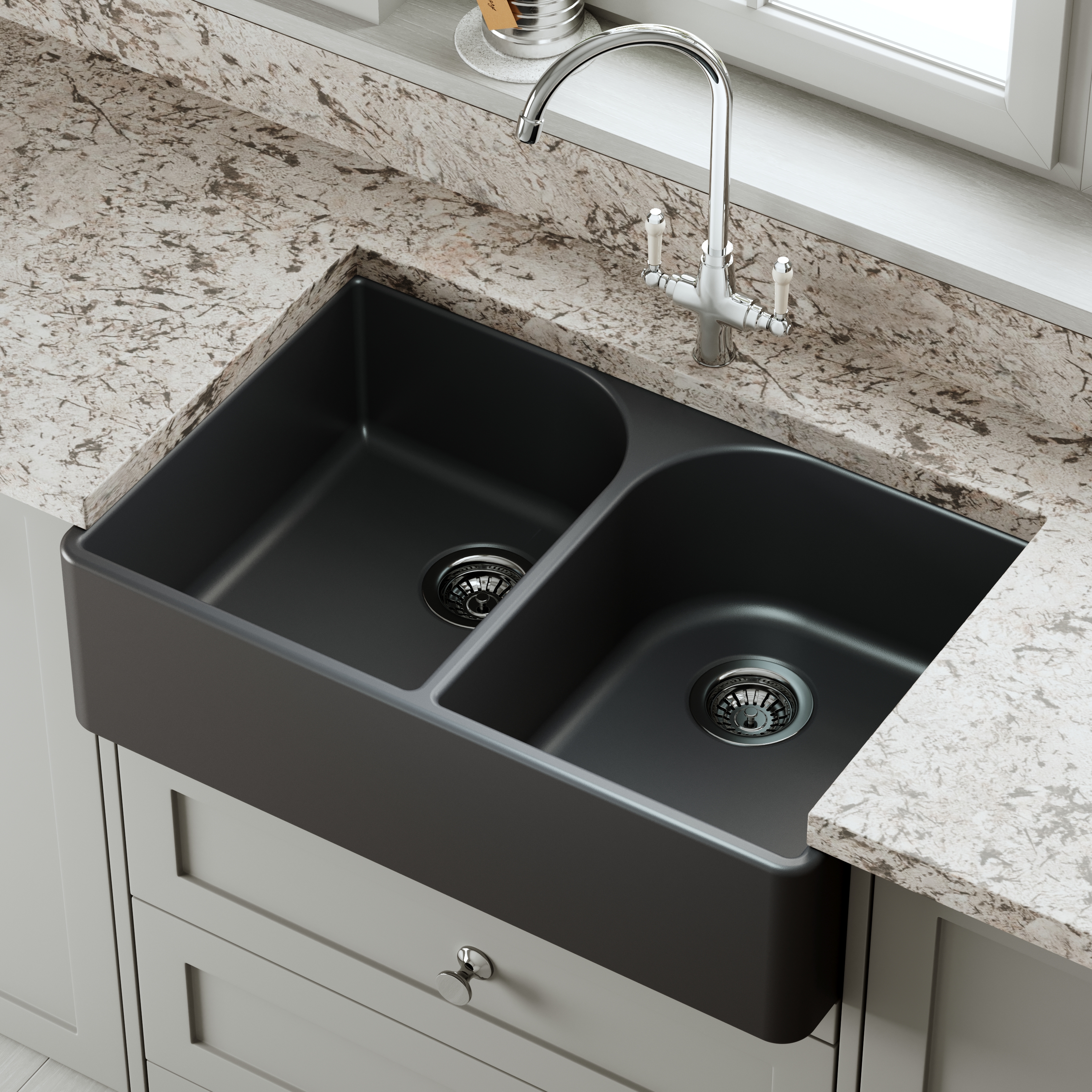 Butler & Rose Soft Black Ceramic Fireclay Double Belfast / Butler Kitchen Sink - 795 x 500mm