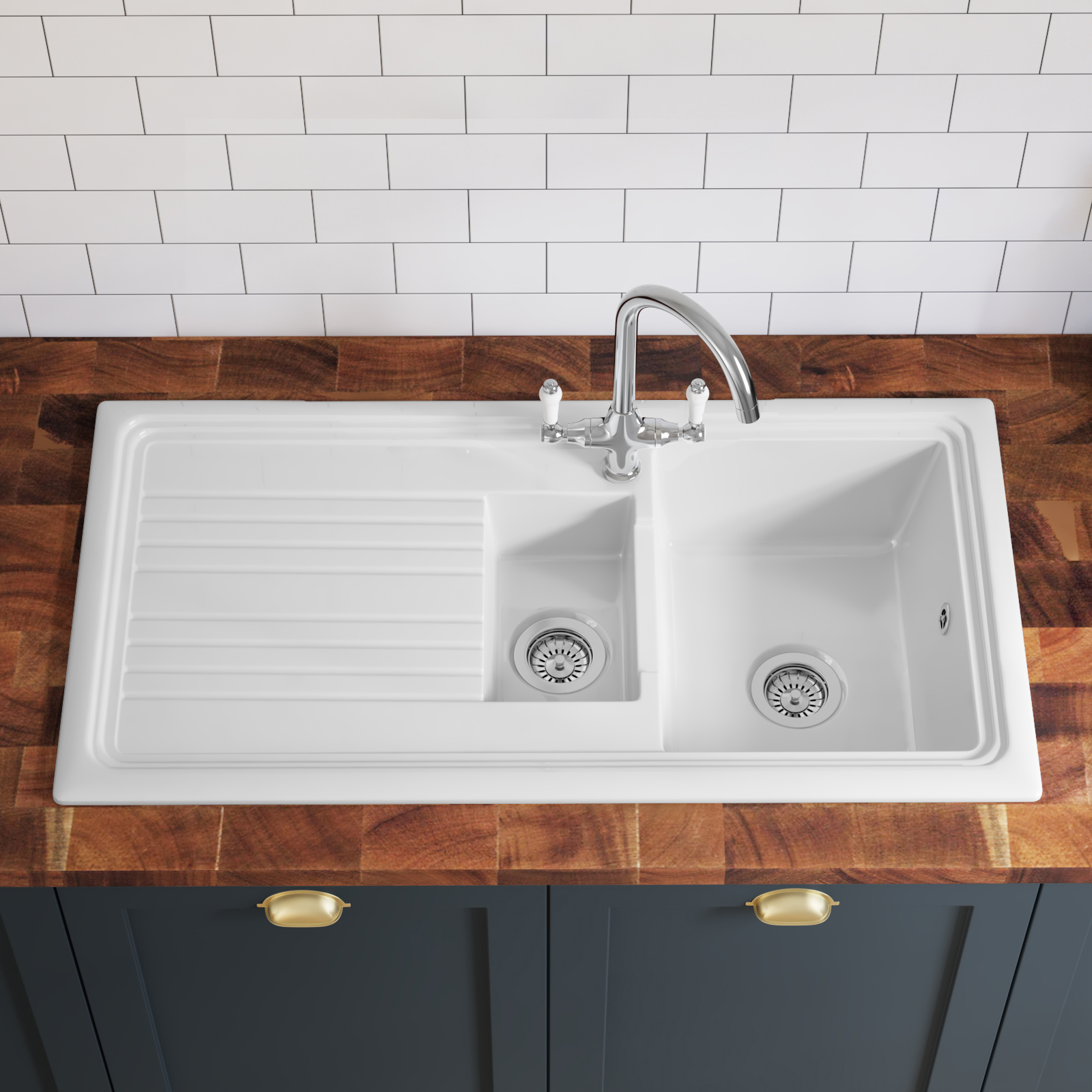 Butler & Rose 1.5 Bowl Ceramic Kitchen Sink and Butler & Rose Victoria Traditional Kitchen Mixer Tap