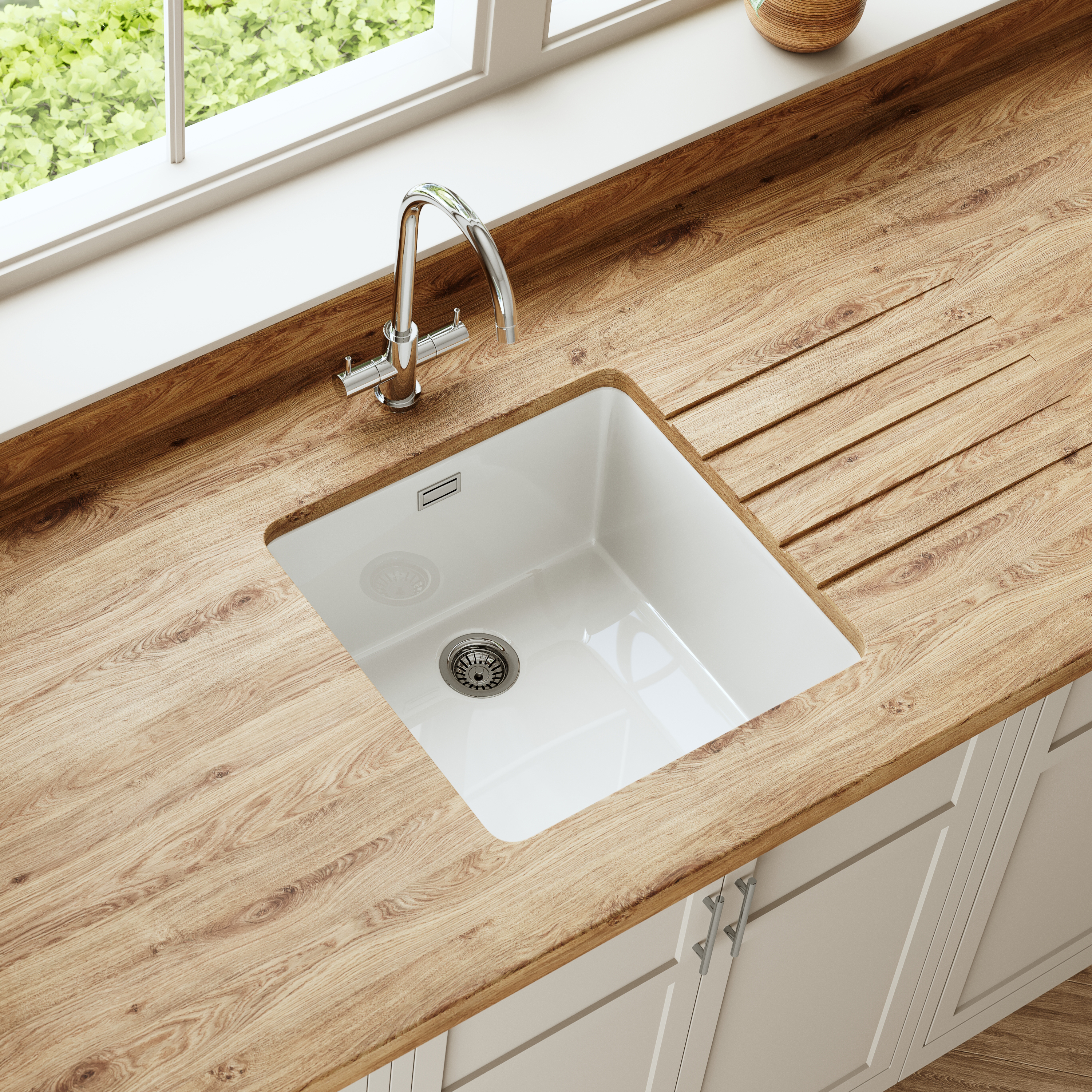 Butler & Rose Bryn 1 Bowl White Fine Fireclay Ceramic Inset/Undermount Kitchen Sink - 430mm x 460mm