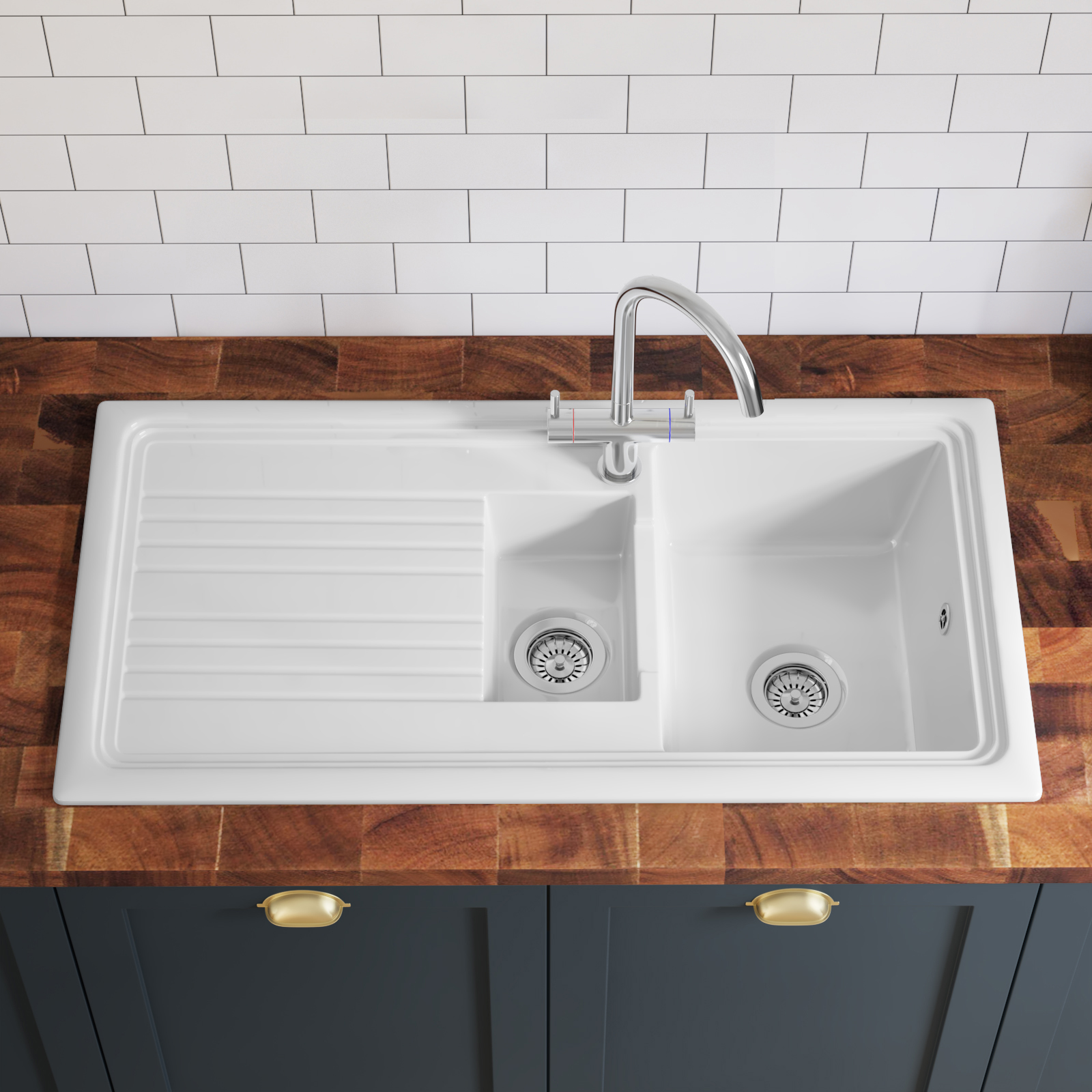 Butler & Rose 1.5 Bowl Ceramic Kitchen Sink and Vellamo Caspian Dual Lever Mono Kitchen Mixer