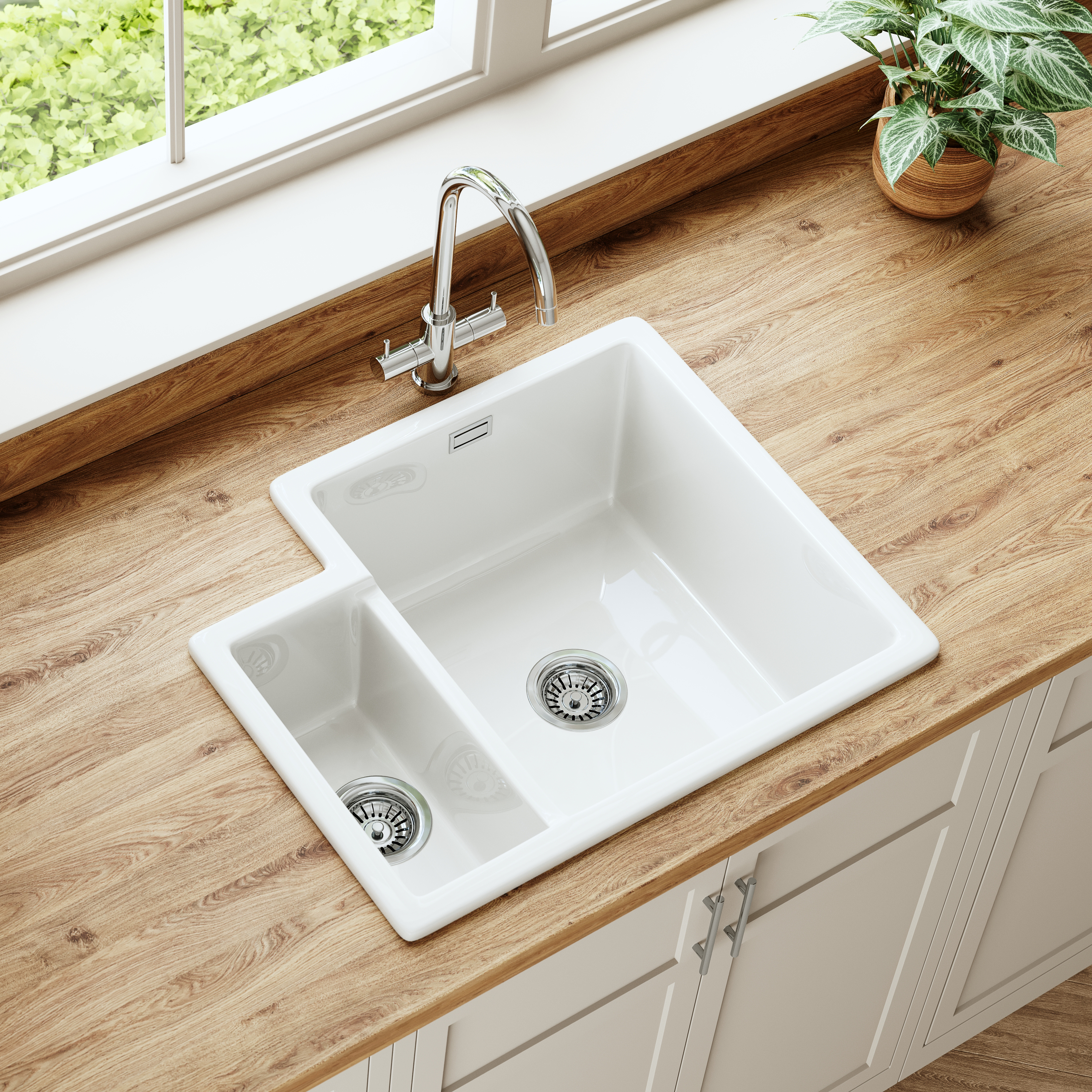 Butler & Rose Bryn 1.5 Bowl White Fine Fireclay Ceramic Inset/Undermount Kitchen Sink - 549 x 441mm