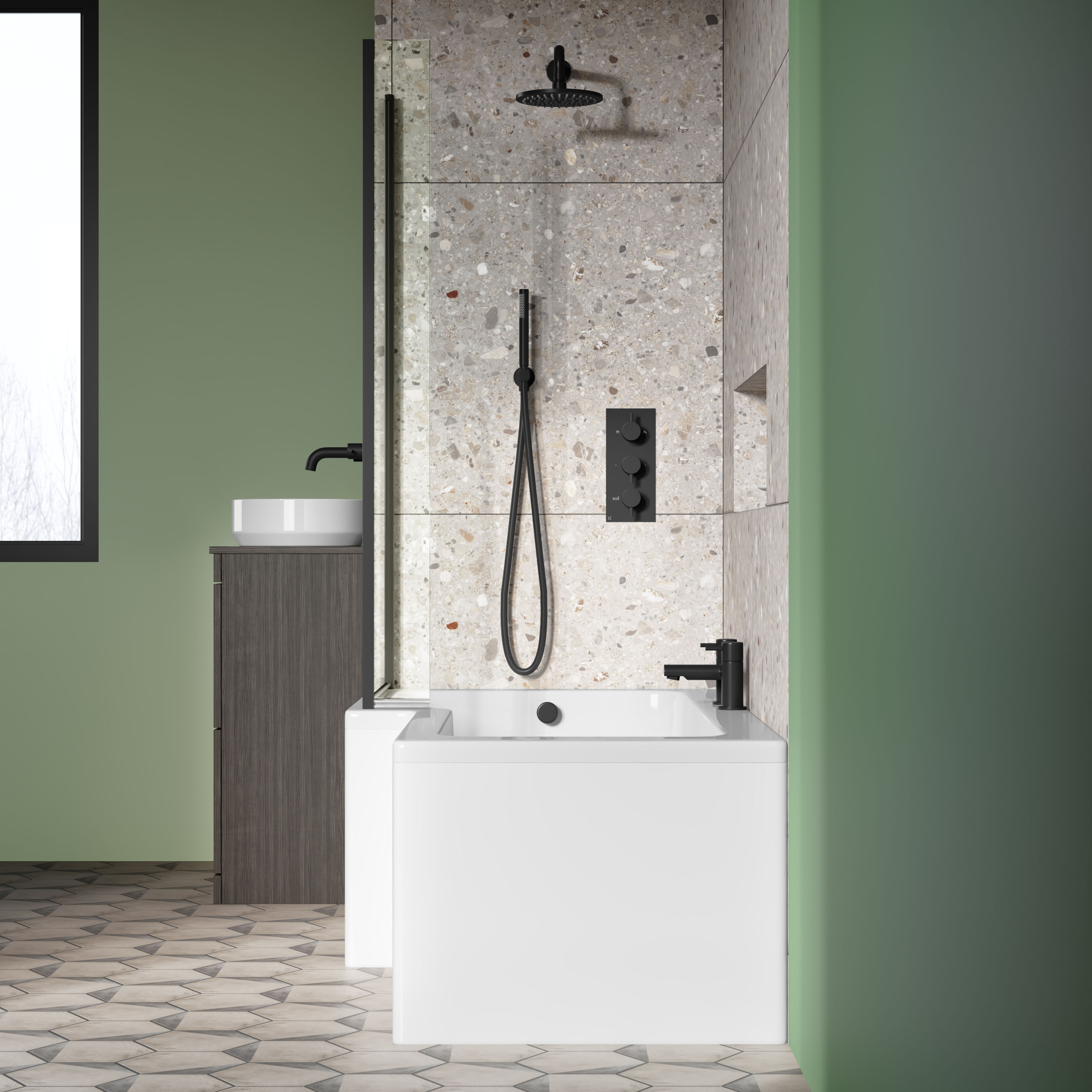 Vellamo City 6mm Matt Black Square Corner Hinged Bath Screen With Fixed Return - 1430 x 780mm