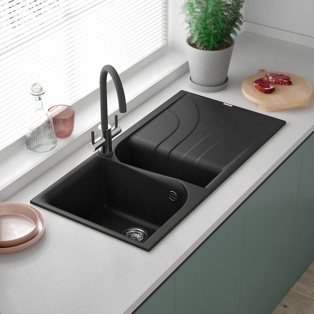 Reginox Ego Black Spek Granite 1.5 Bowl Kitchen Sink & Vellamo Caspian Dual Lever Mono Kitchen Mixer